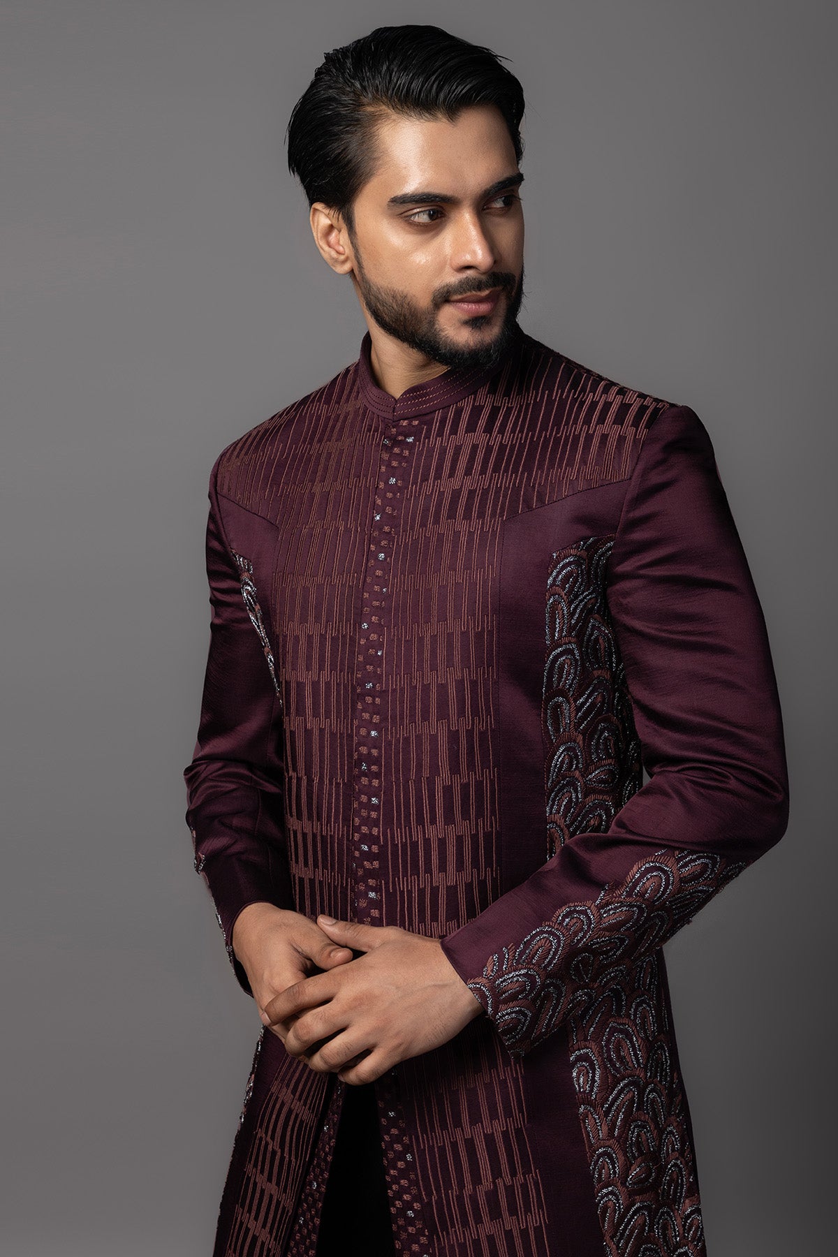 Wine Resham Dhaga Achkan Set