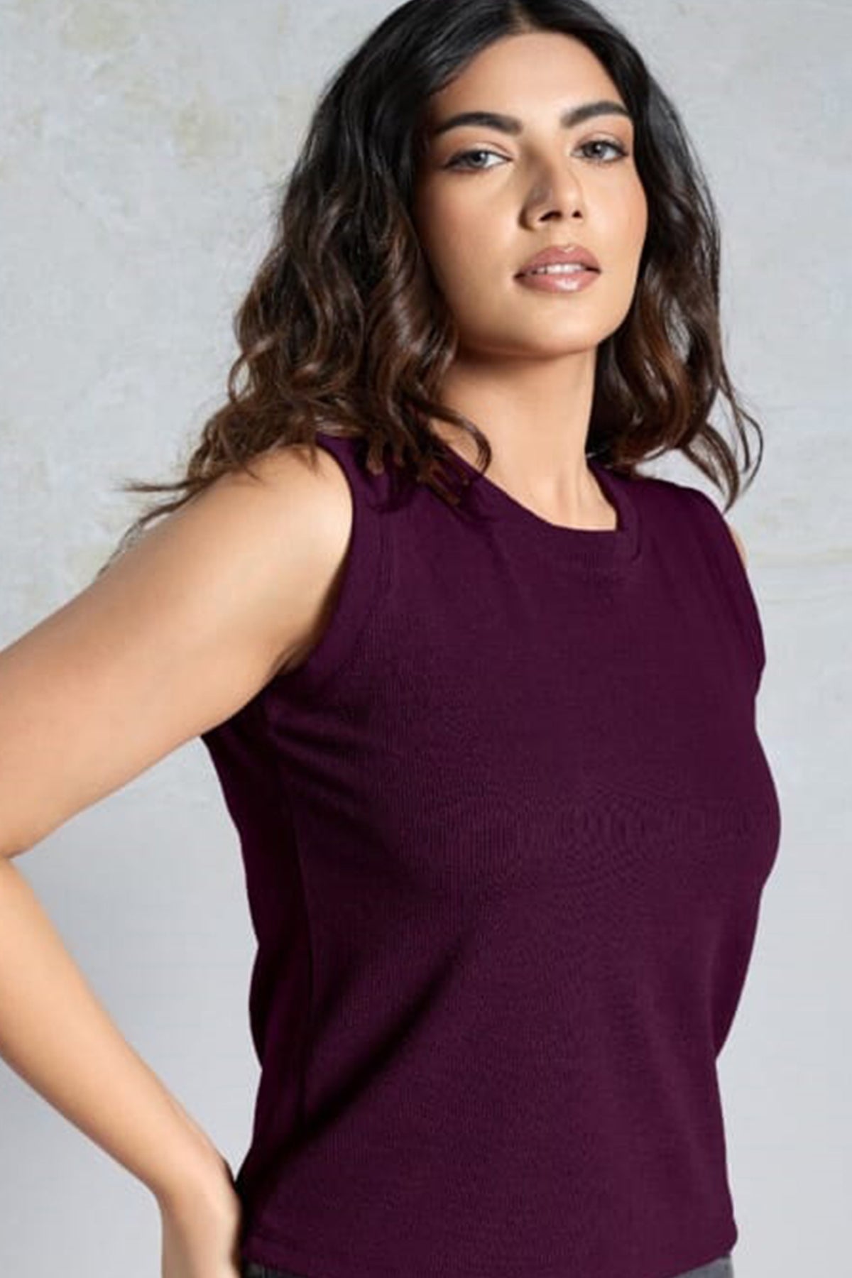 Wine Ribbed Knit Fit Tank Top