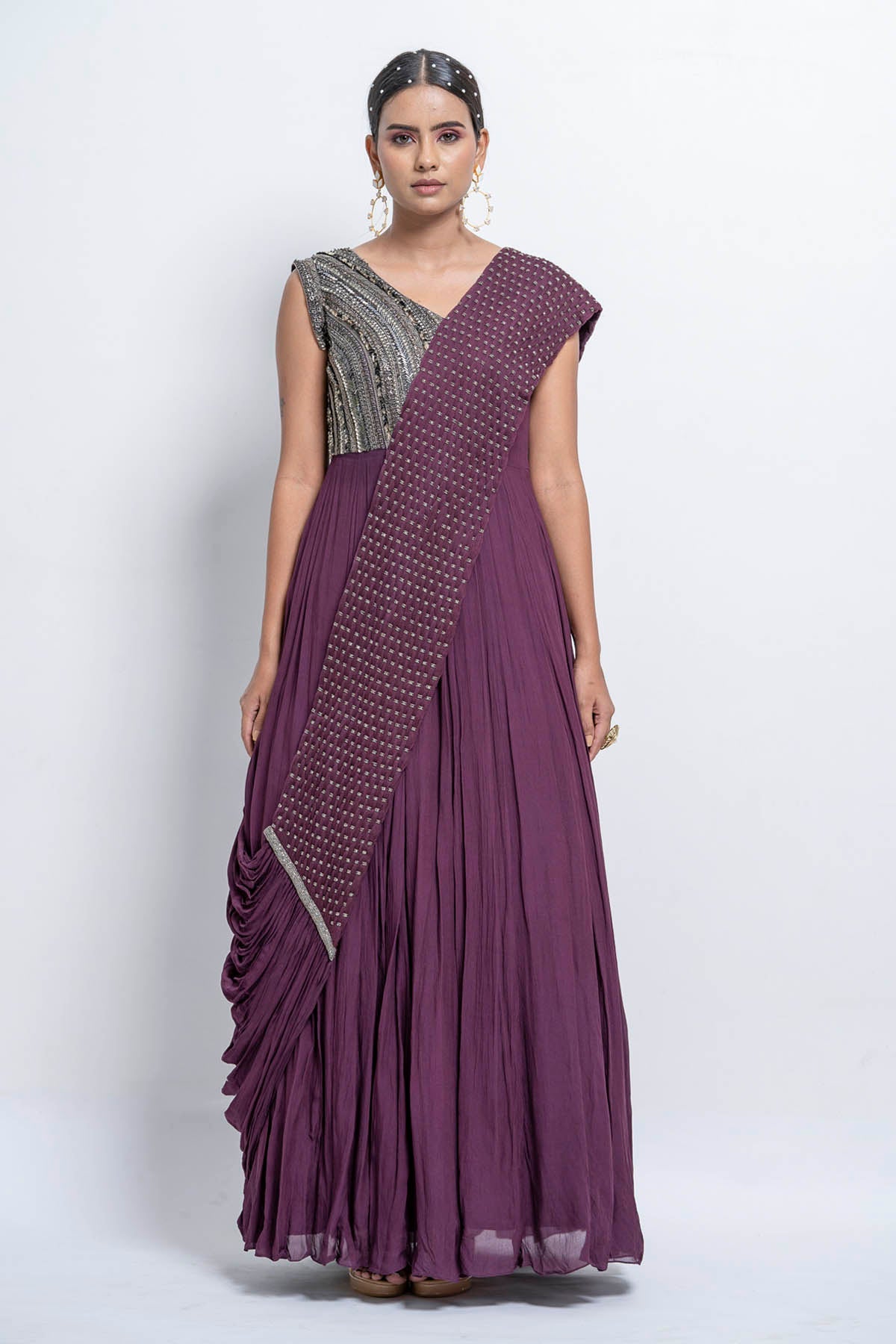 Wine Saree Drape Gown at ScrollnShops