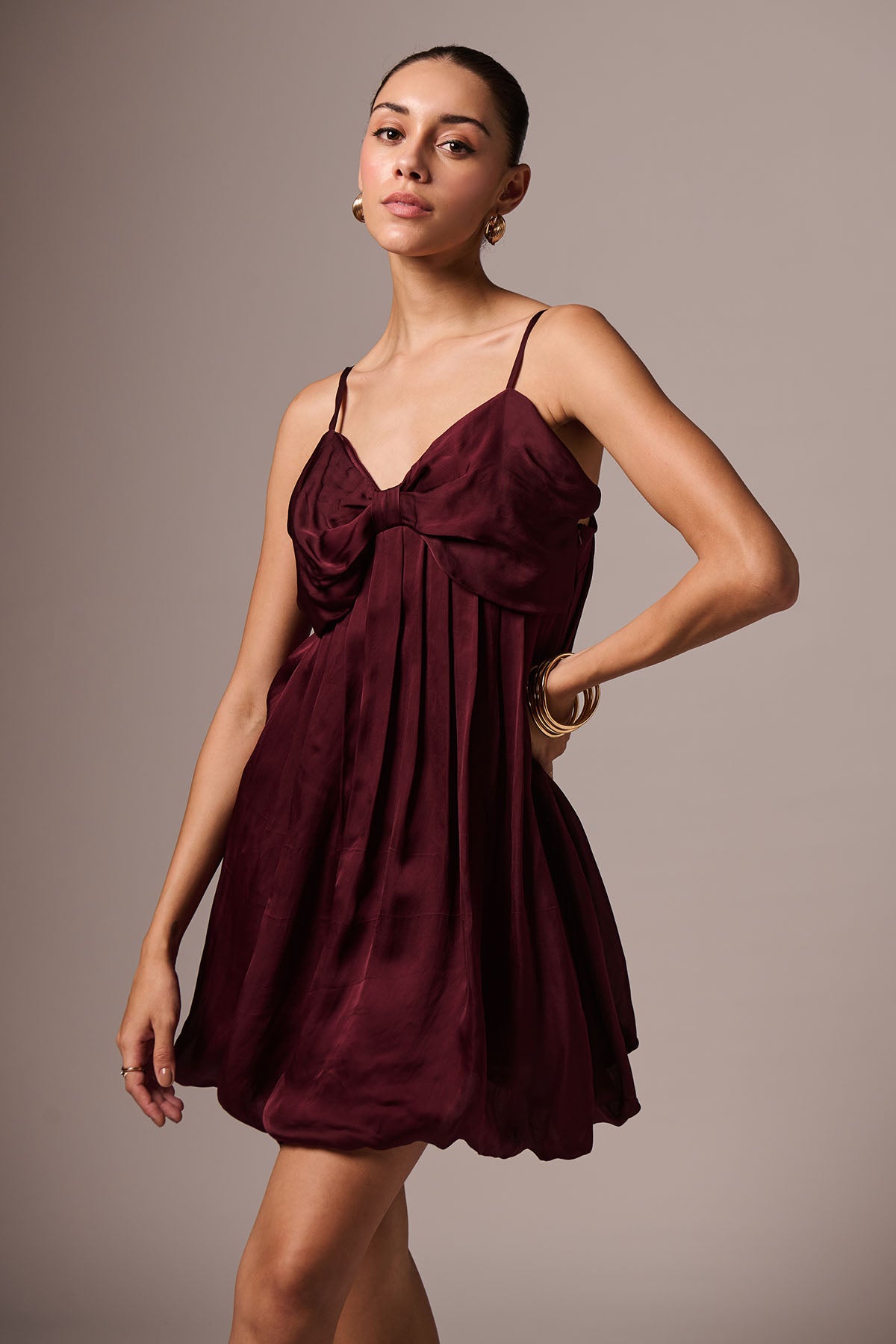 Wine Satin Bow Neck Mini Dress