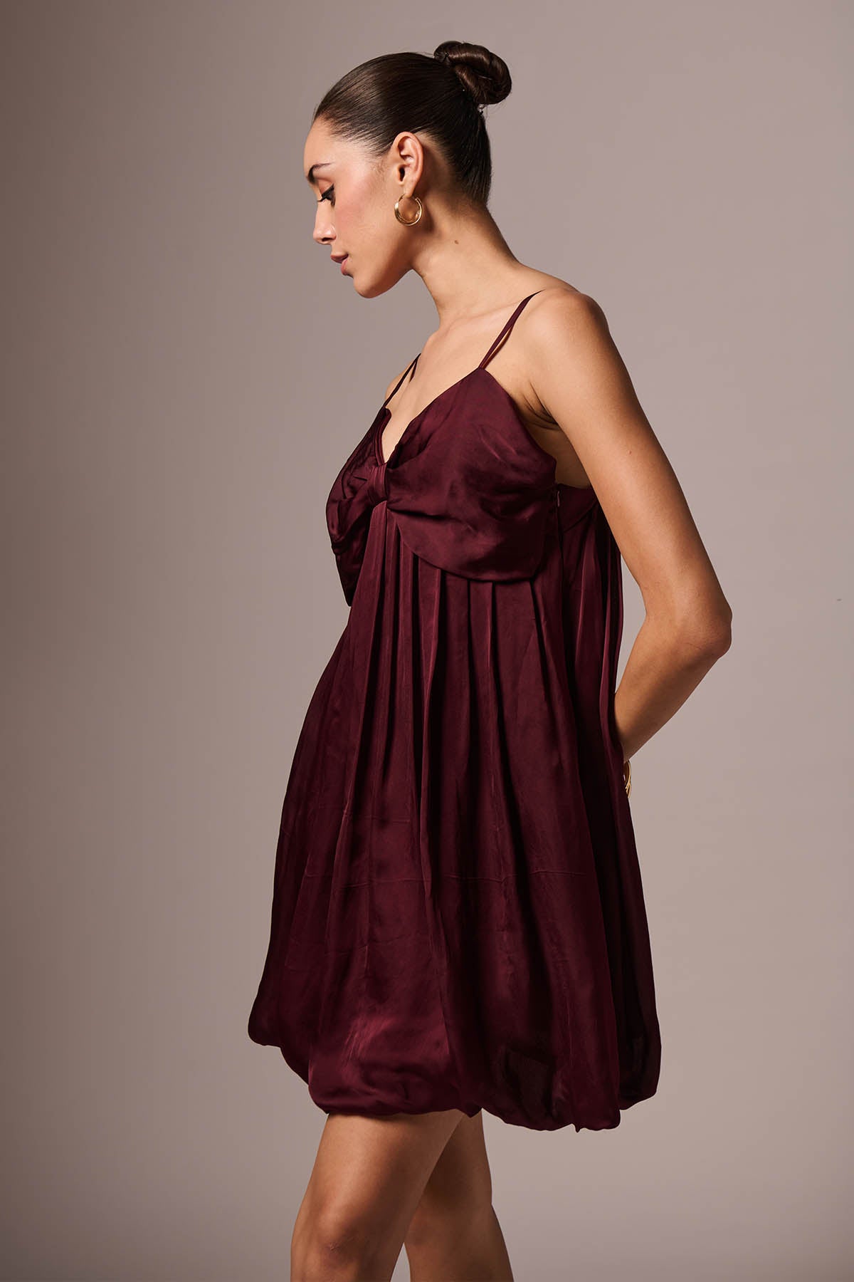 Wine Satin Bow Neck Mini Dress