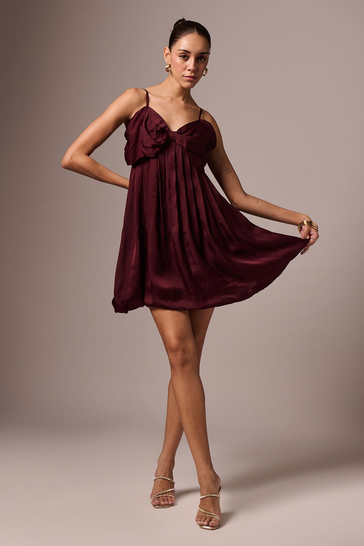 Wine Satin Bow Neck Mini Dress