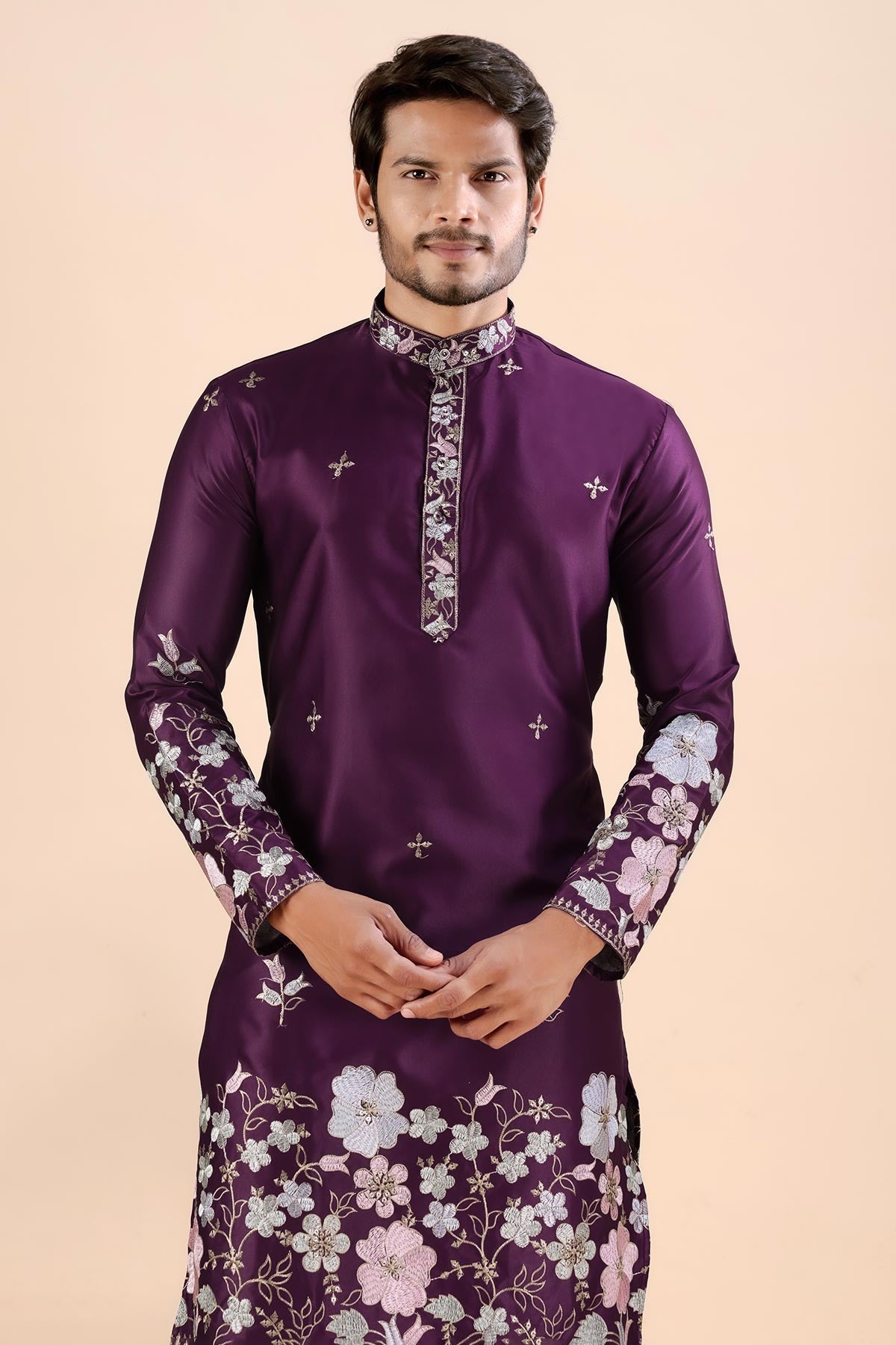 Buy Wine Satin Embroidered Kurta for men by Aastha Fashion online available at scrollnshops