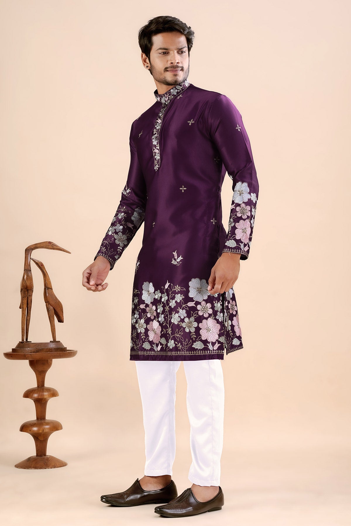 Wine Satin Embroidered Kurta