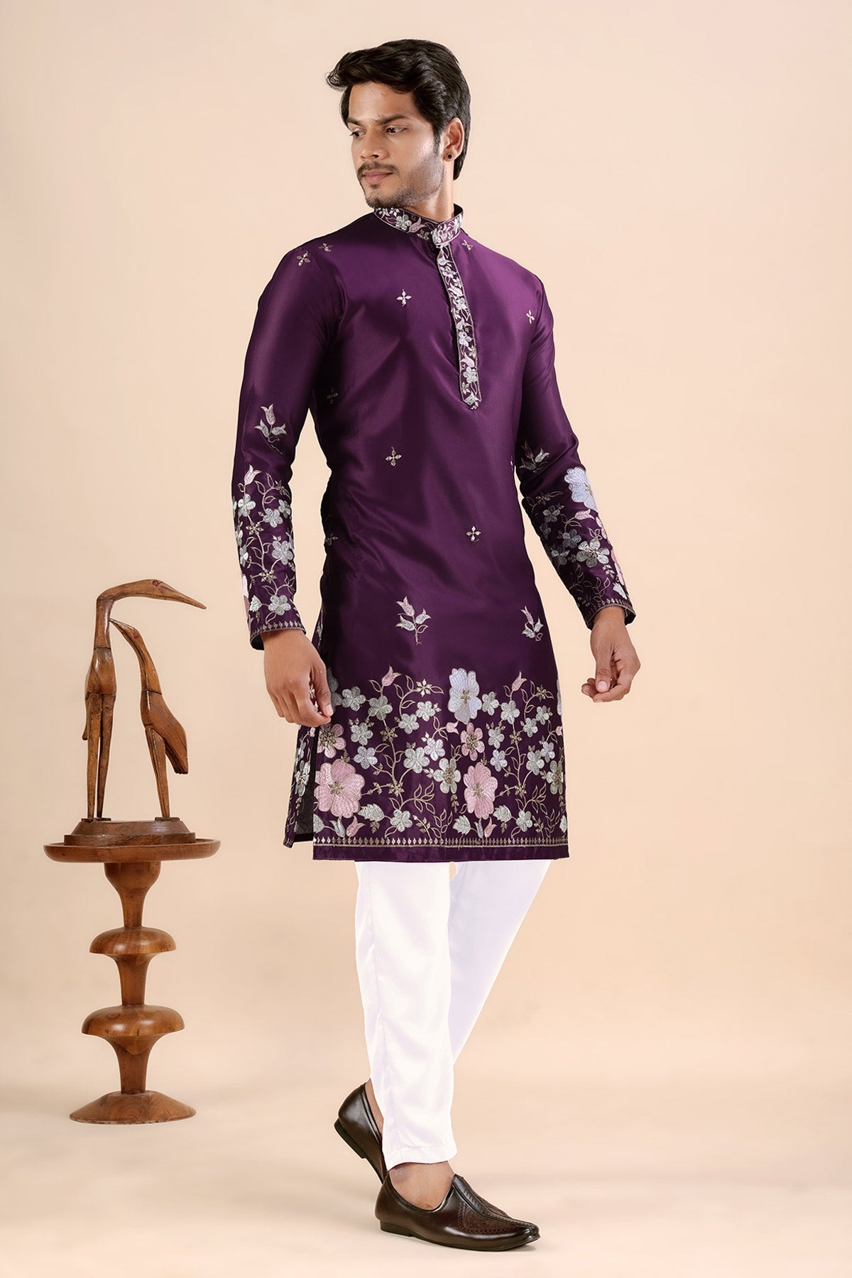 Wine Satin Embroidered Kurta