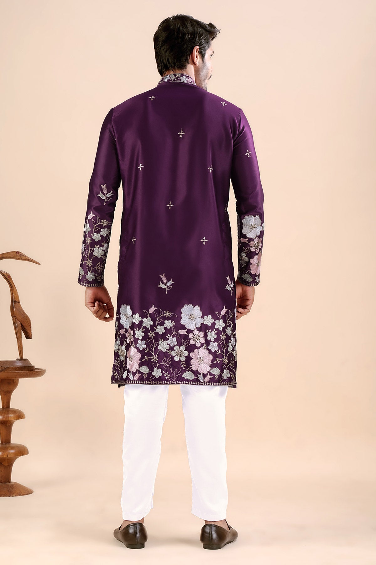 Wine Satin Embroidered Kurta
