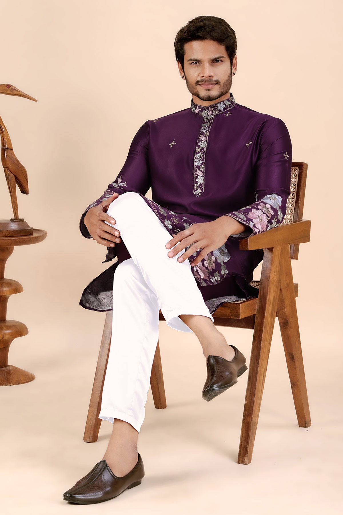 Wine Satin Embroidered Kurta