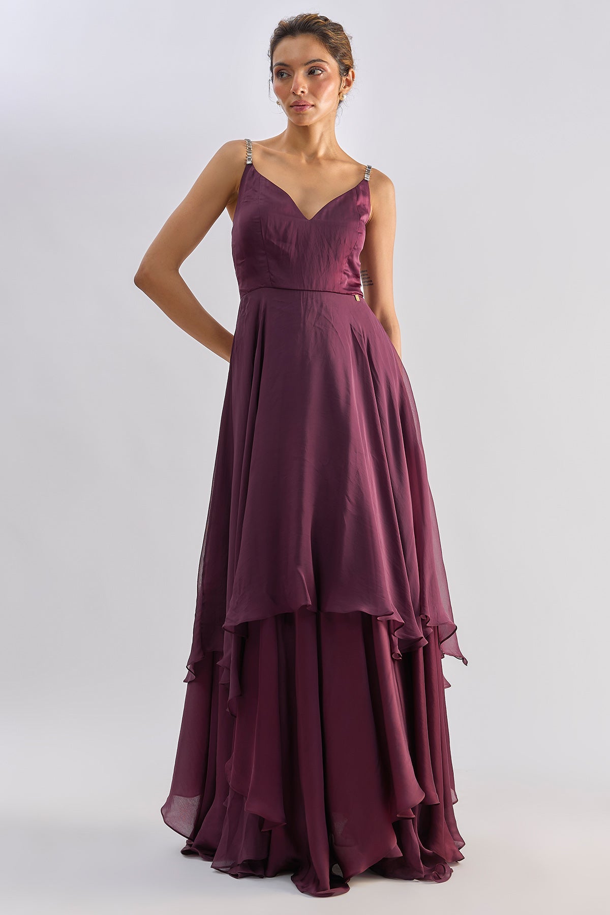Buy Wine Satin Organza Layered Gown for women by Emblaze online available at scrollnshops