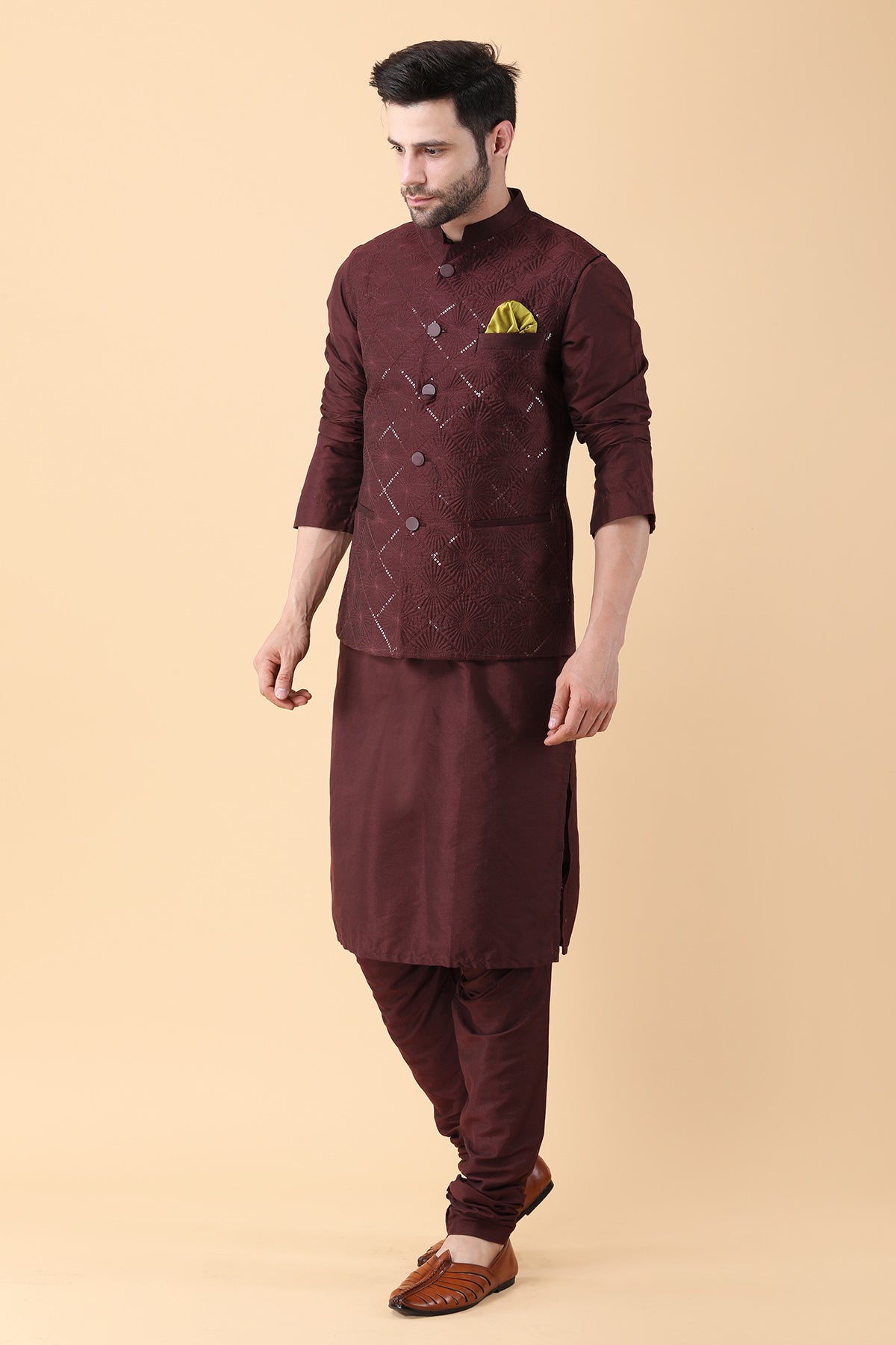 Wine Sequins Work Bundi Set