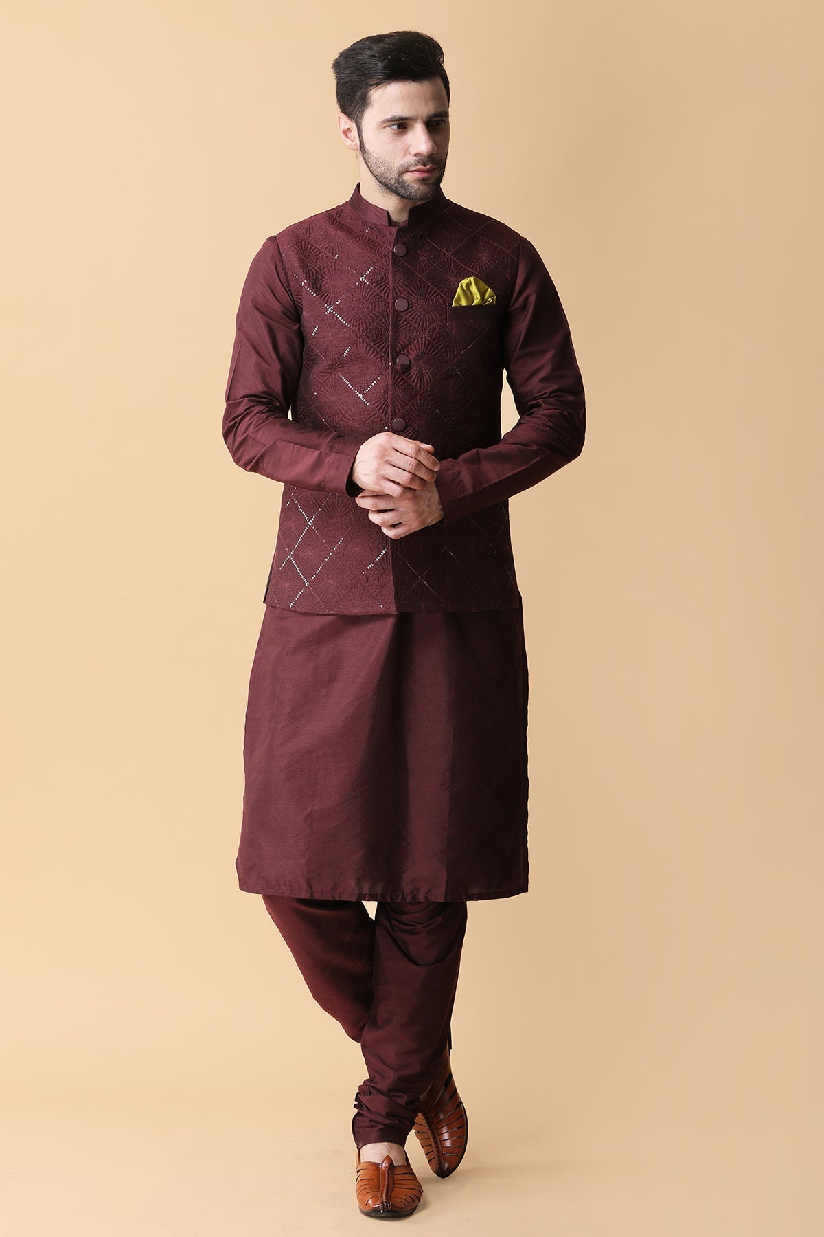 Buy Wine Sequins Work Bundi Set by Manish Nagdeo for Men online at ScrollnShops