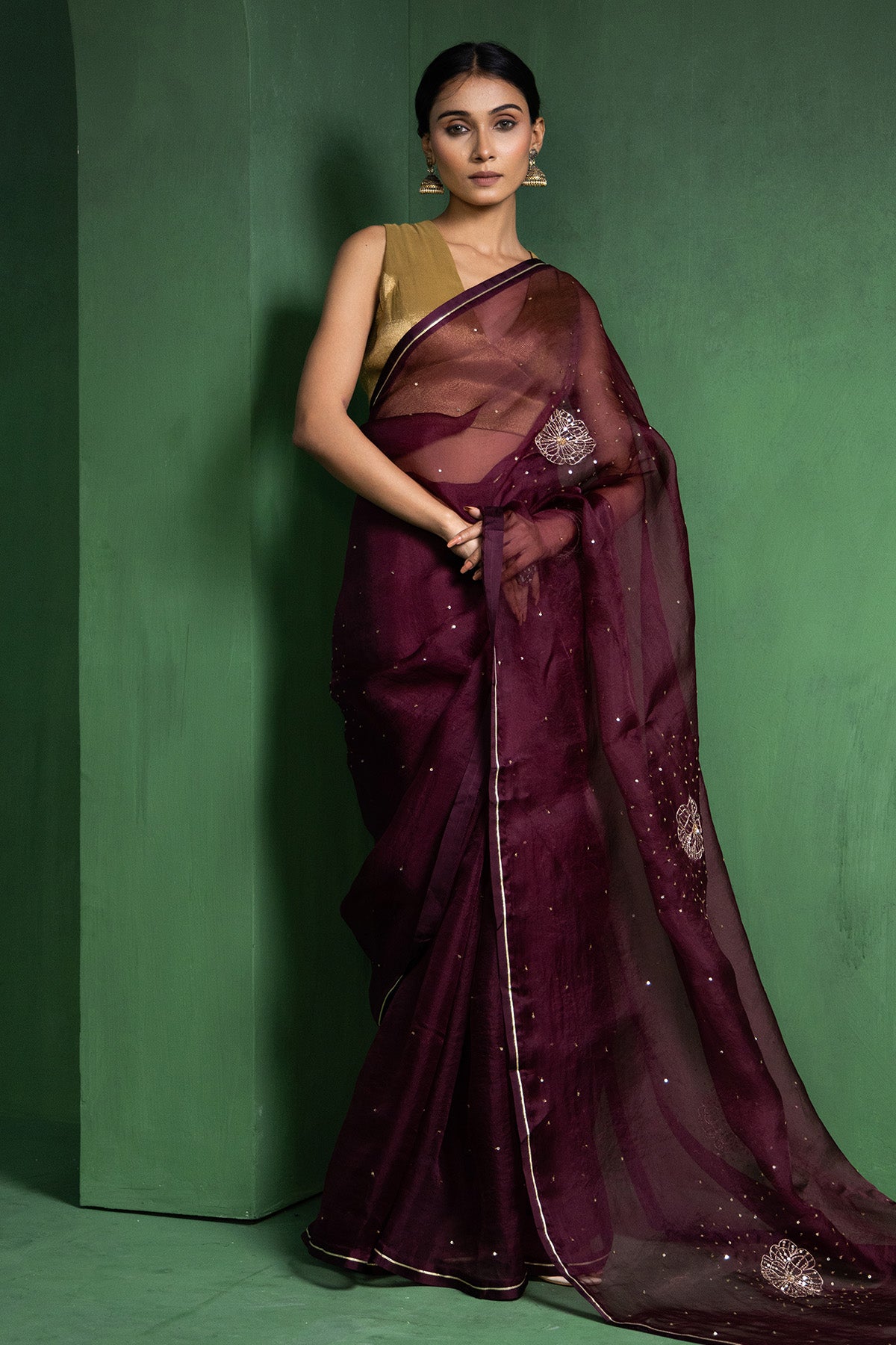 Buy Wine Sequins & Zari Lace Saree for women by Ekagani Designer online available at scrollnshops