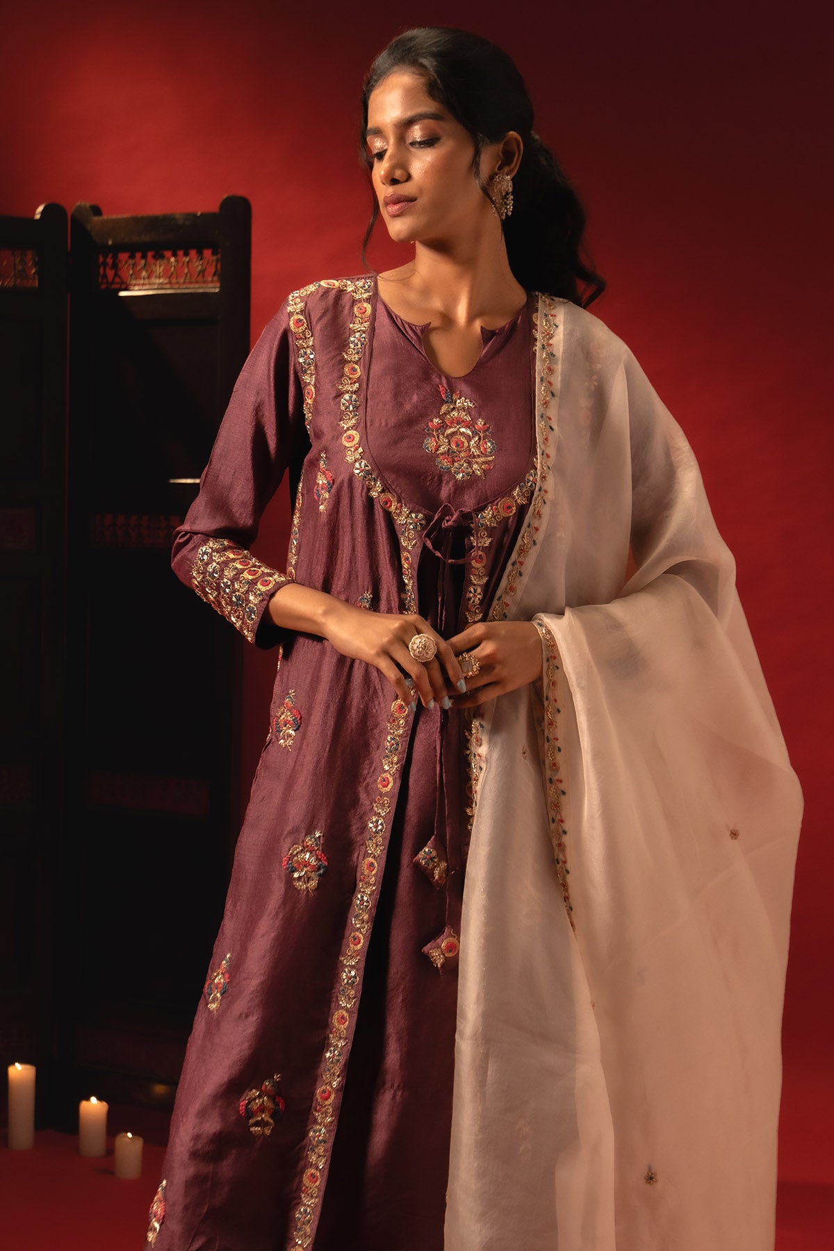 Wine Silk Embroidery Kurta Set