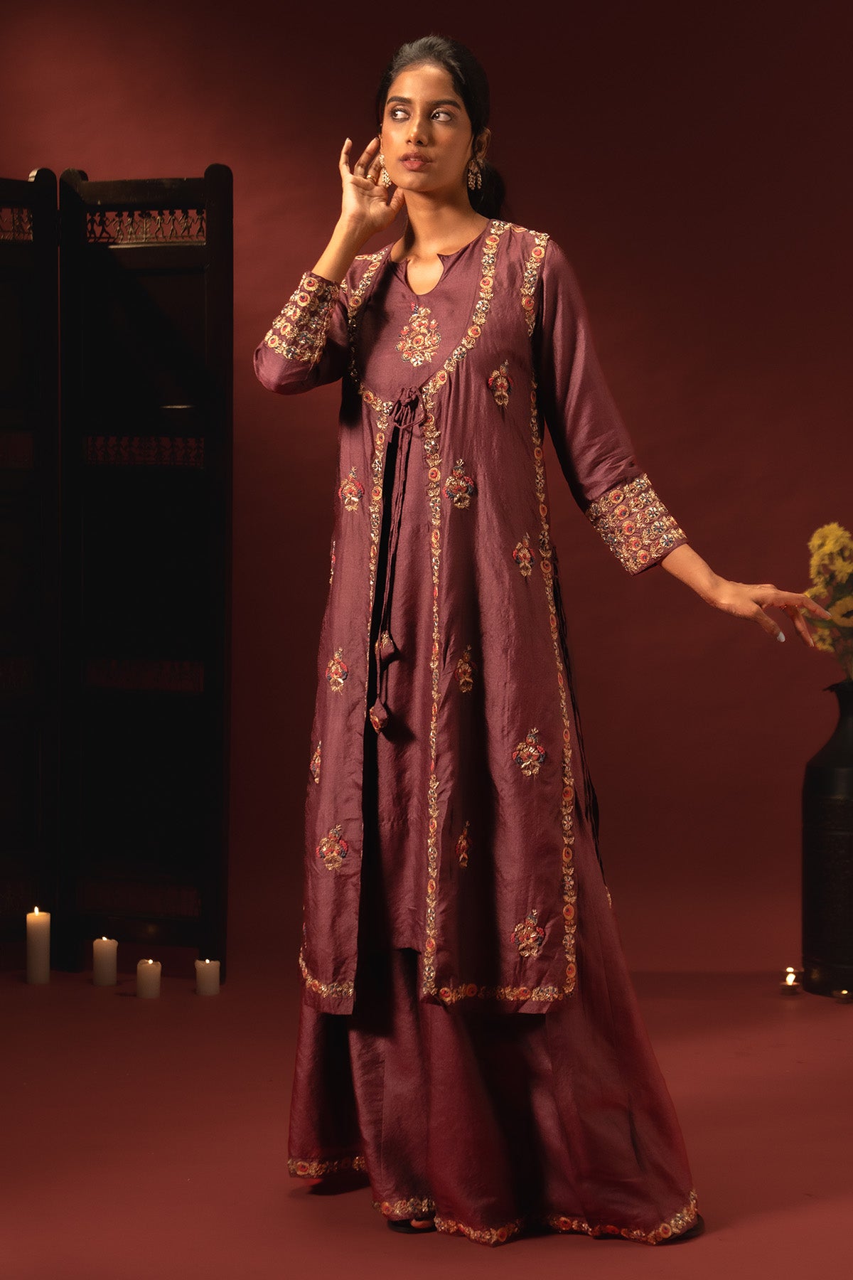 Wine Silk Embroidery Kurta Set