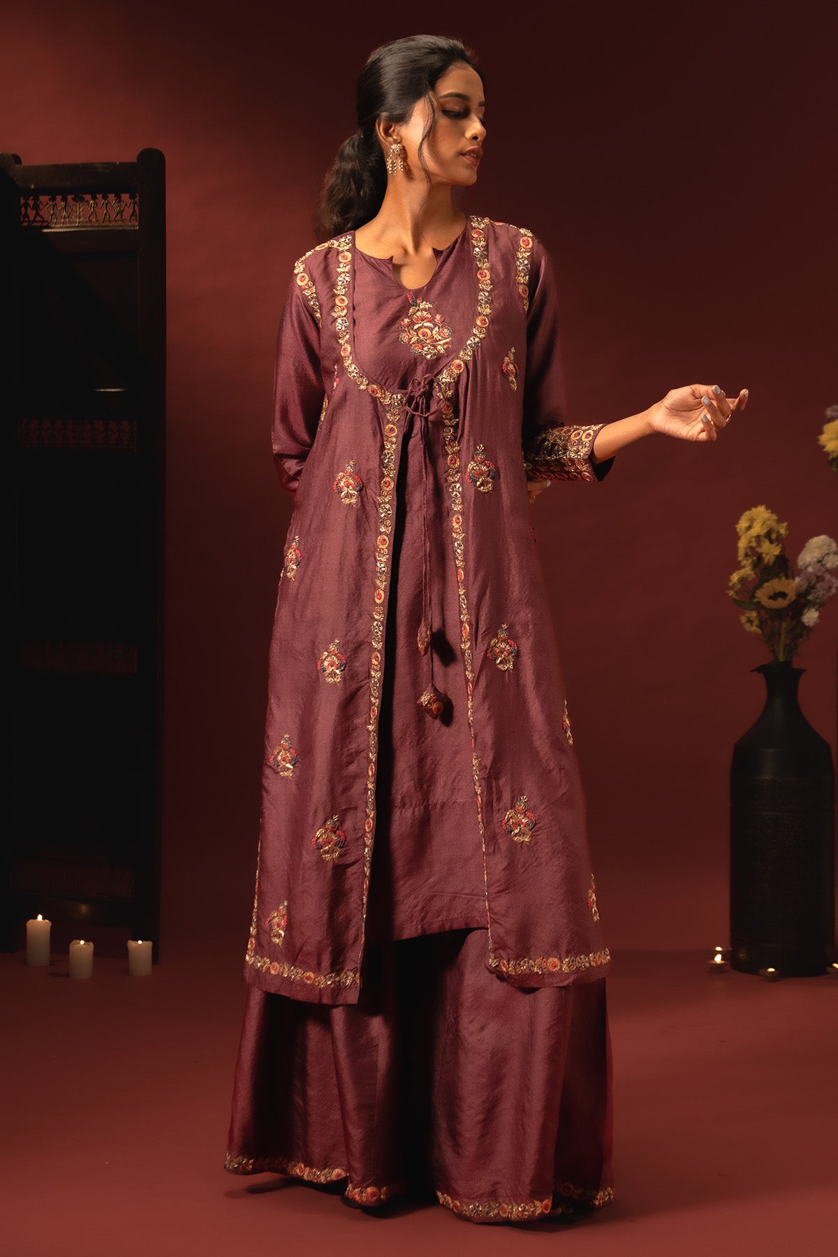 Wine Silk Embroidery Kurta Set