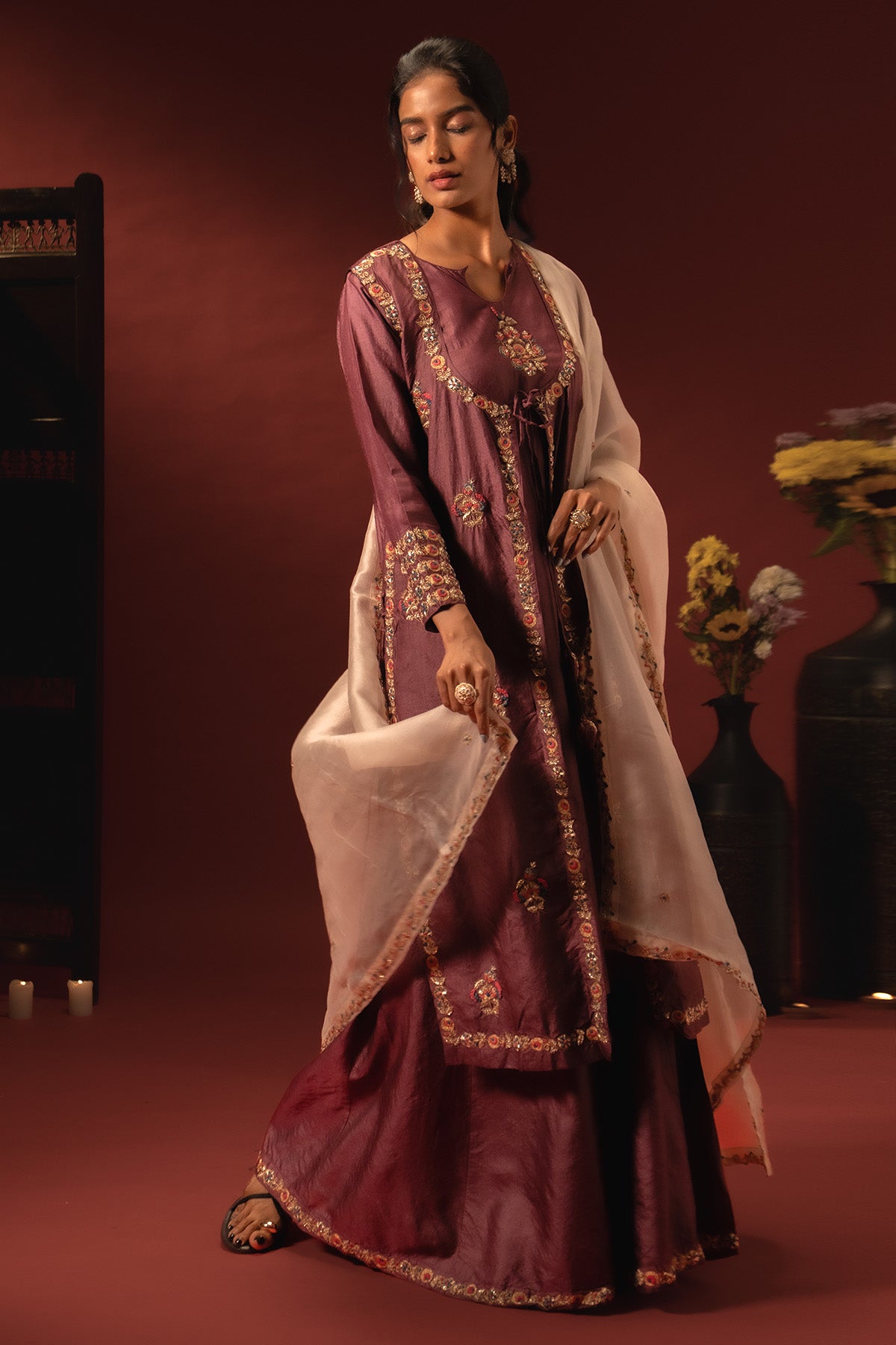Wine Silk Embroidery Kurta Set