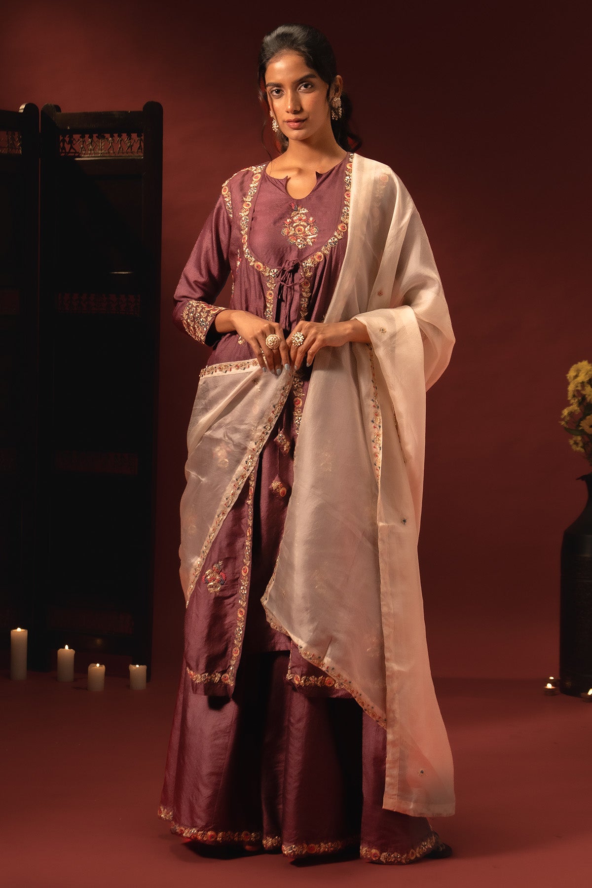 Buy Wine Silk Embroidery Kurta Set for women by Aavya online available at scrollnshops