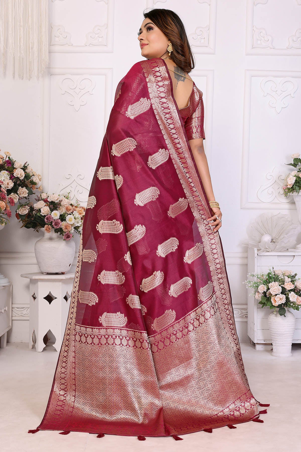 Wine Soft Organza Weaving Saree