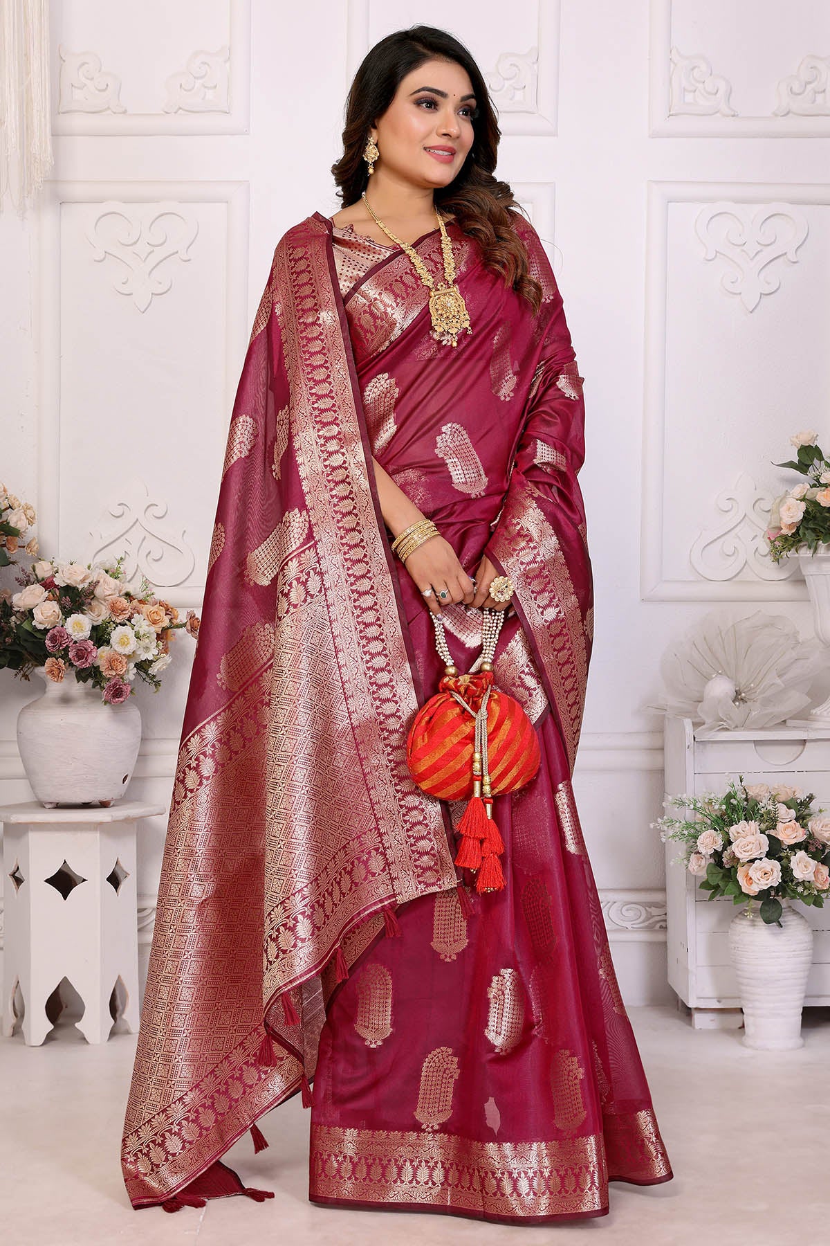 Wine Soft Organza Weaving Saree