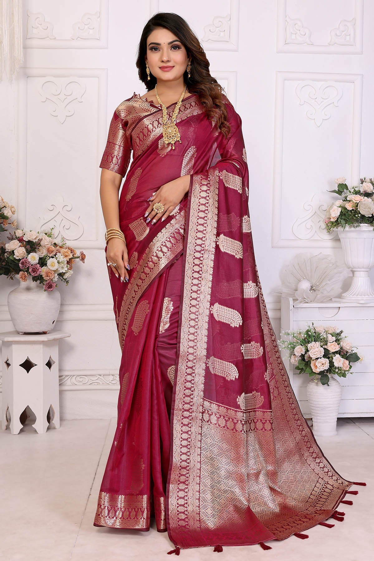 Buy Wine Soft Organza Weaving Saree for women by Aastha Fashion online available at scrollnshops