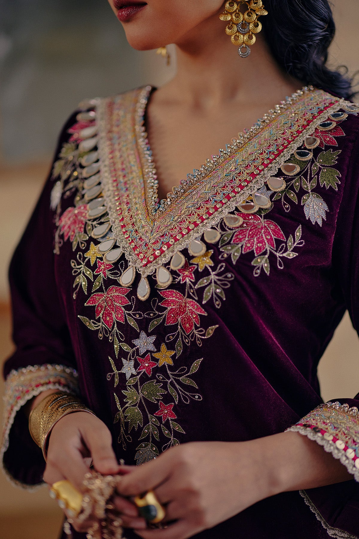 Wine Thread Motifs Kurta Set
