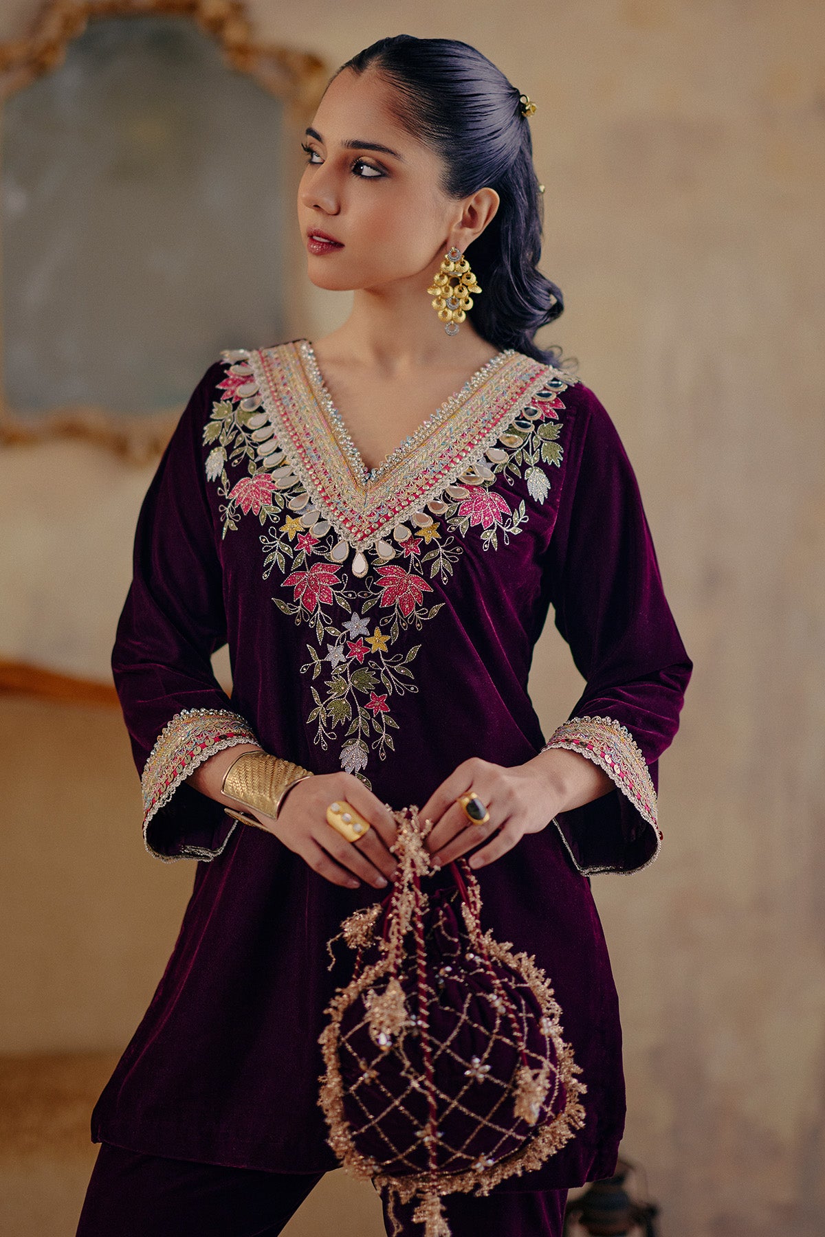 Wine Thread Motifs Kurta Set