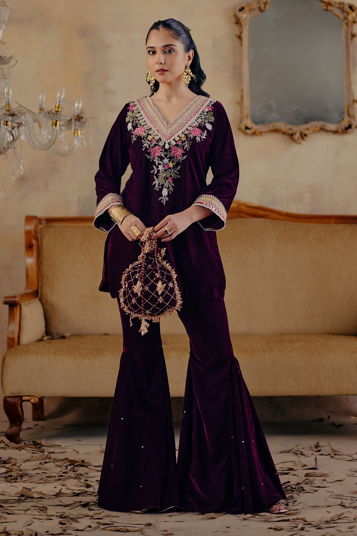 Buy Wine Thread Motifs Kurta Set for women by Ajiesh Oberoi online available at scrollnshops