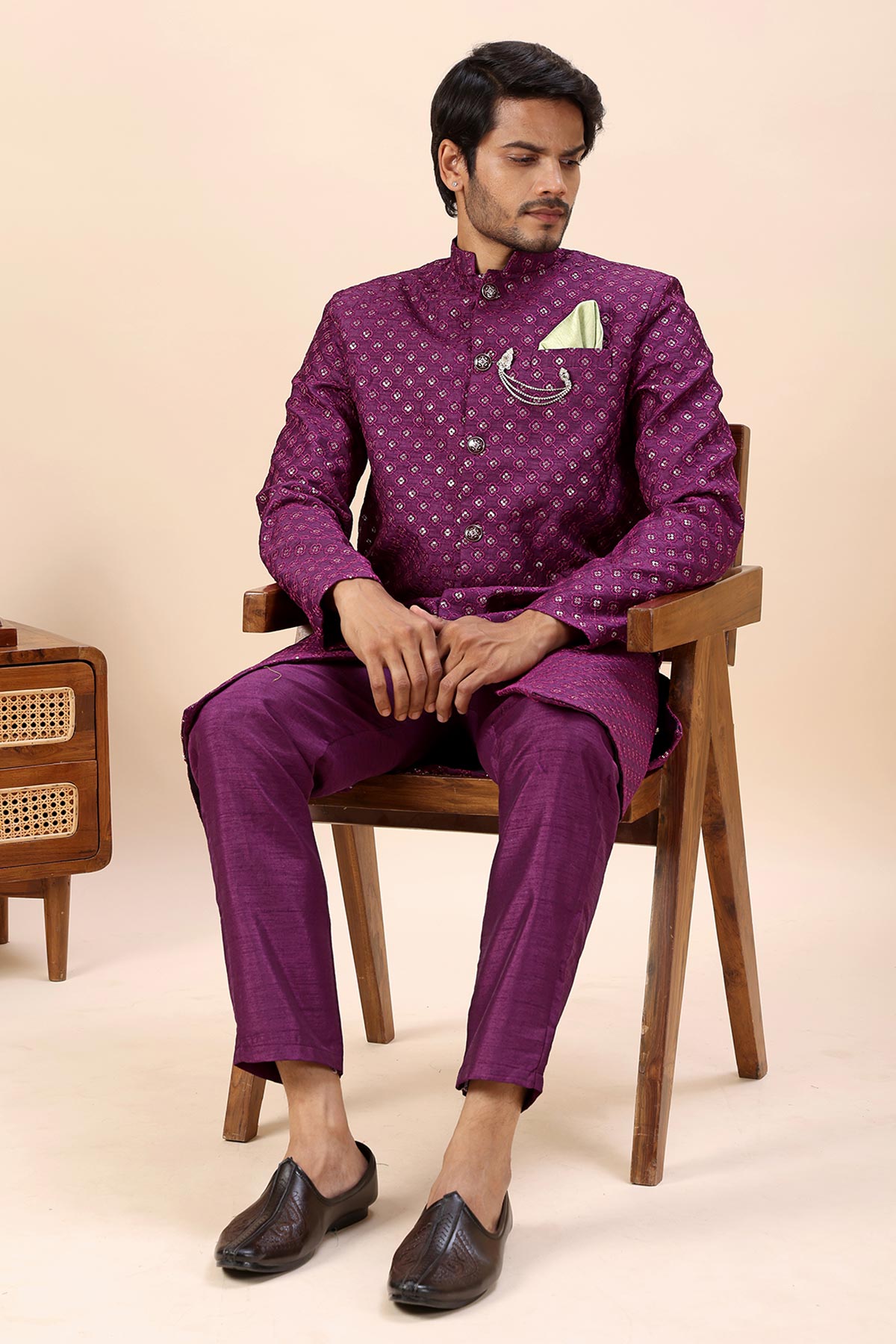 Wine Thread Work Sherwani Set
