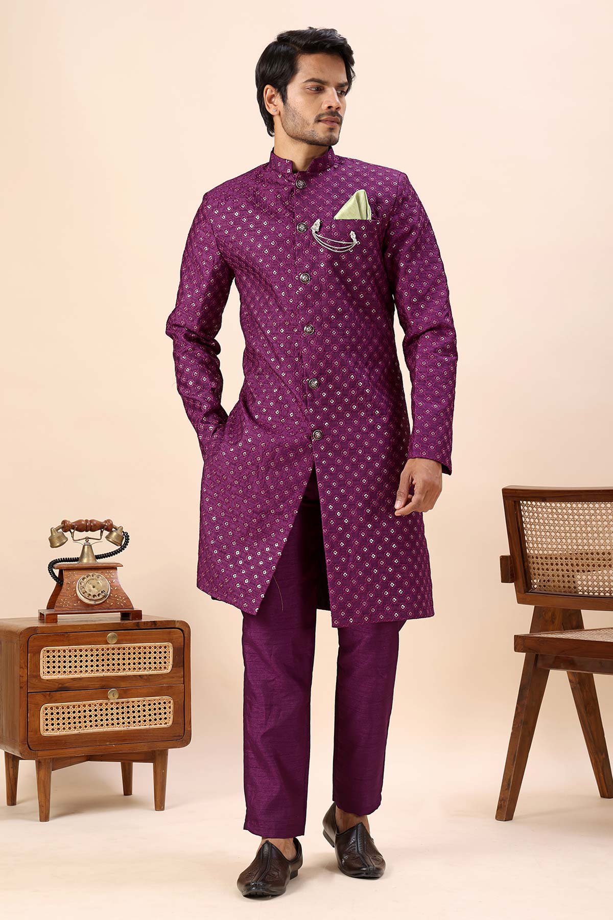 Buy Wine Thread Work Sherwani Set for men by Aastha Fashion online available at scrollnshops