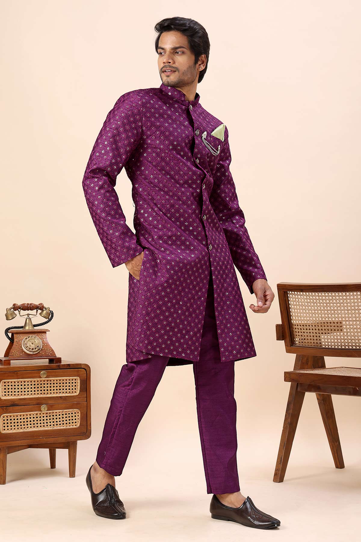 Wine Thread Work Sherwani Set