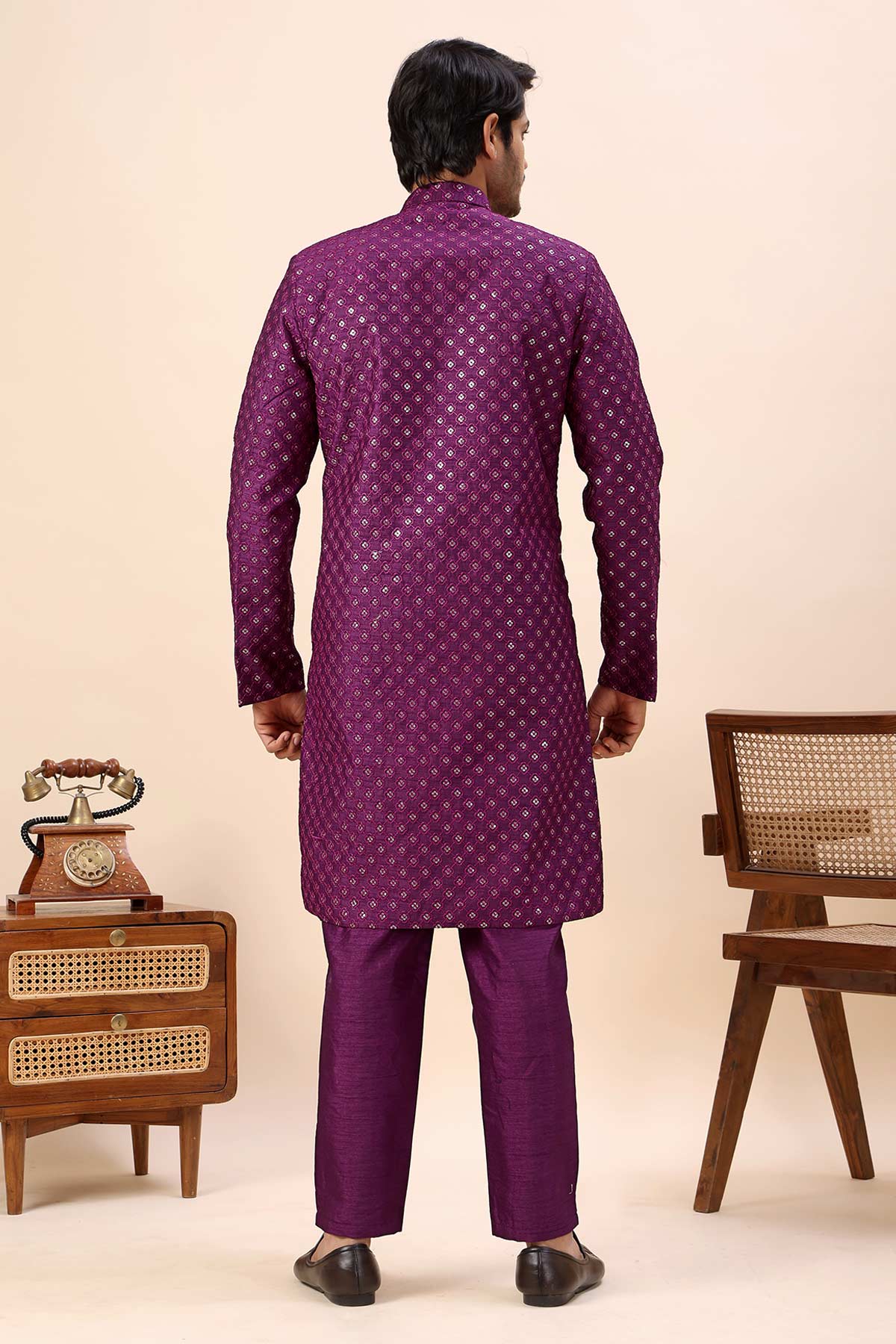 Wine Thread Work Sherwani Set