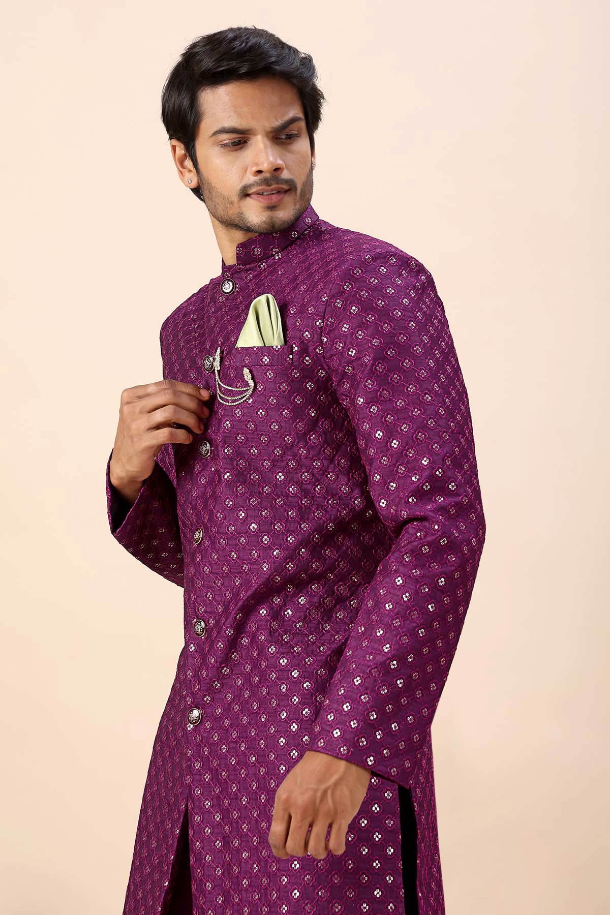 Wine Thread Work Sherwani Set