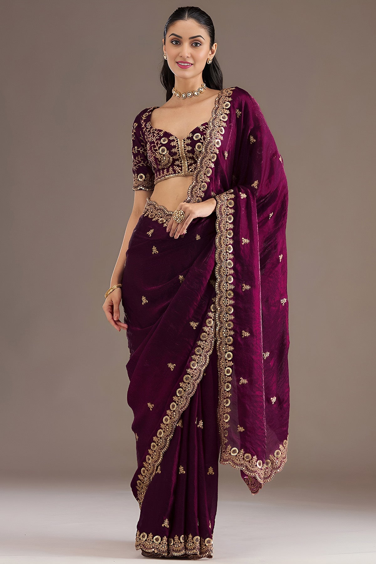 Buy Wine Tissue Dori & Zari Saree for women by Aastha Fashion online available at scrollnshops