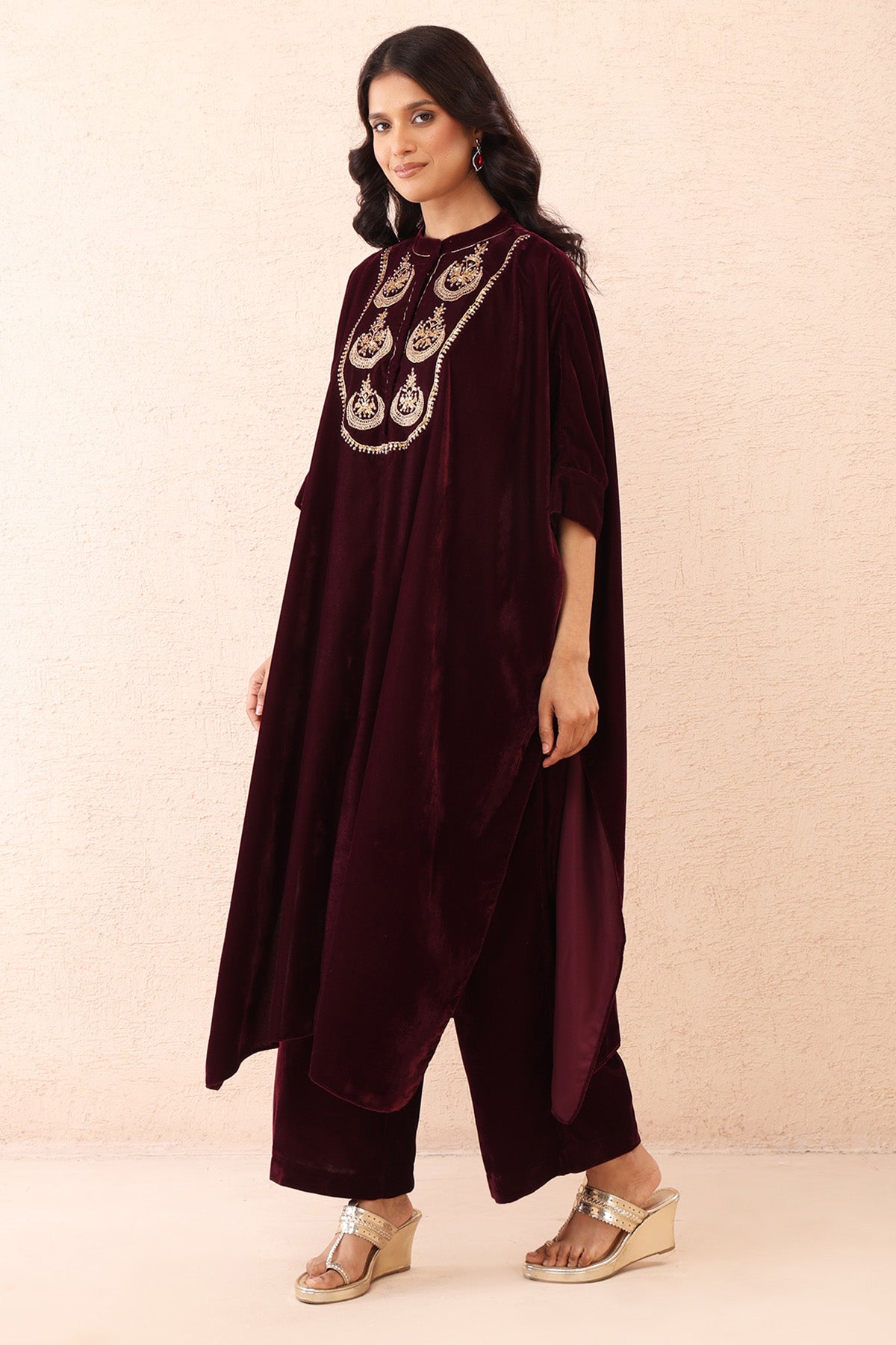 Wine Velvet Dori Work Kurta Set