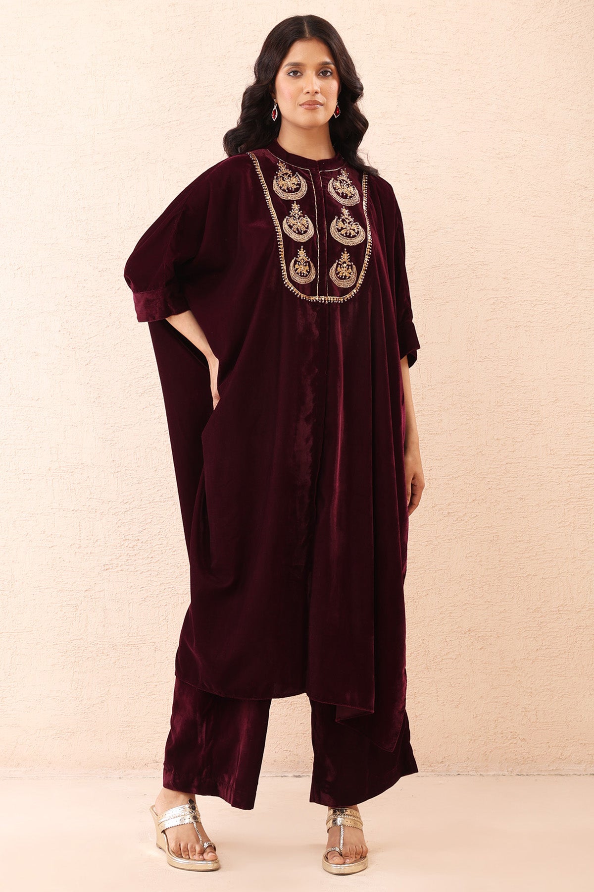 Wine Velvet Dori Work Kurta Set