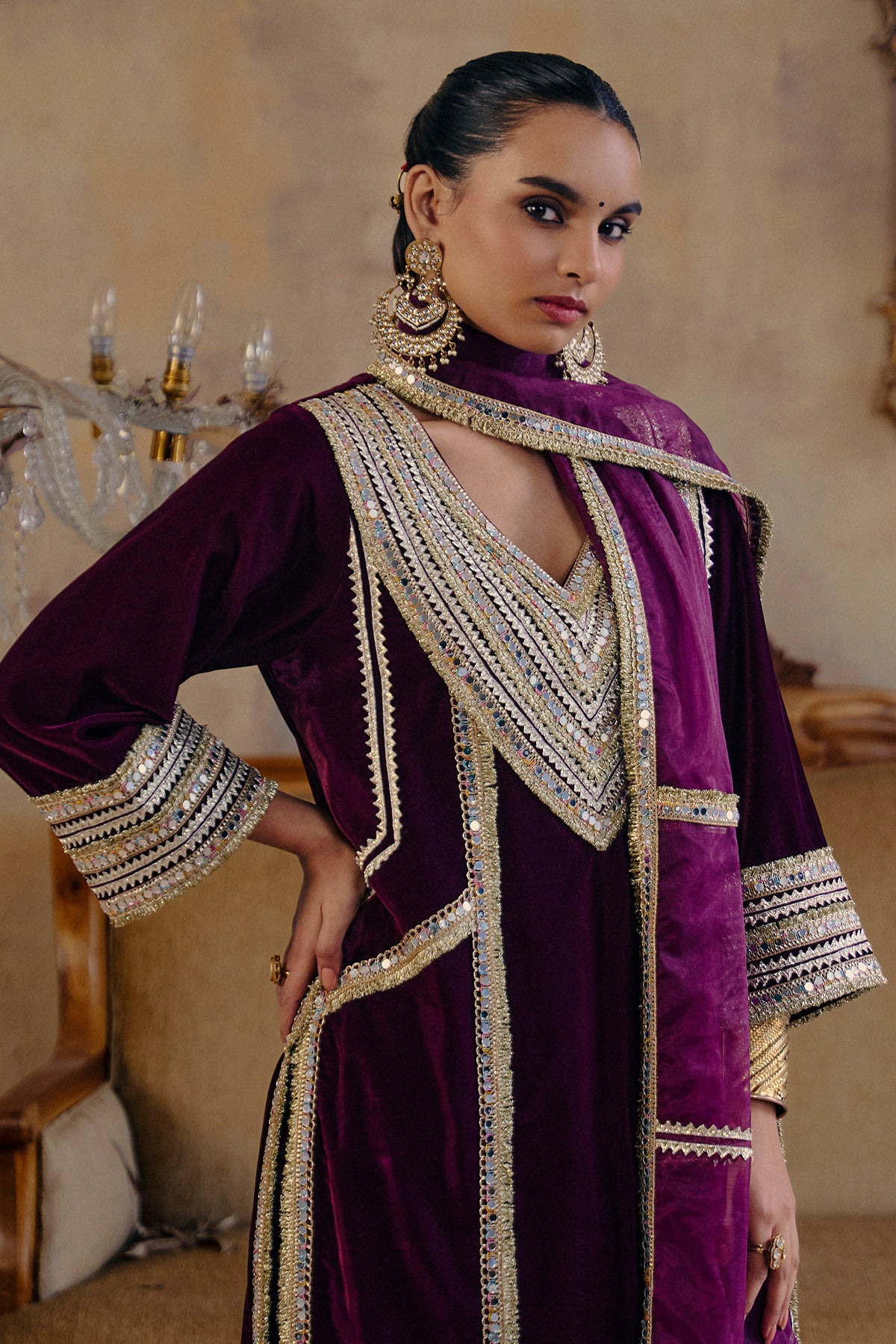 Wine Velvet Gota Work Kurta Set