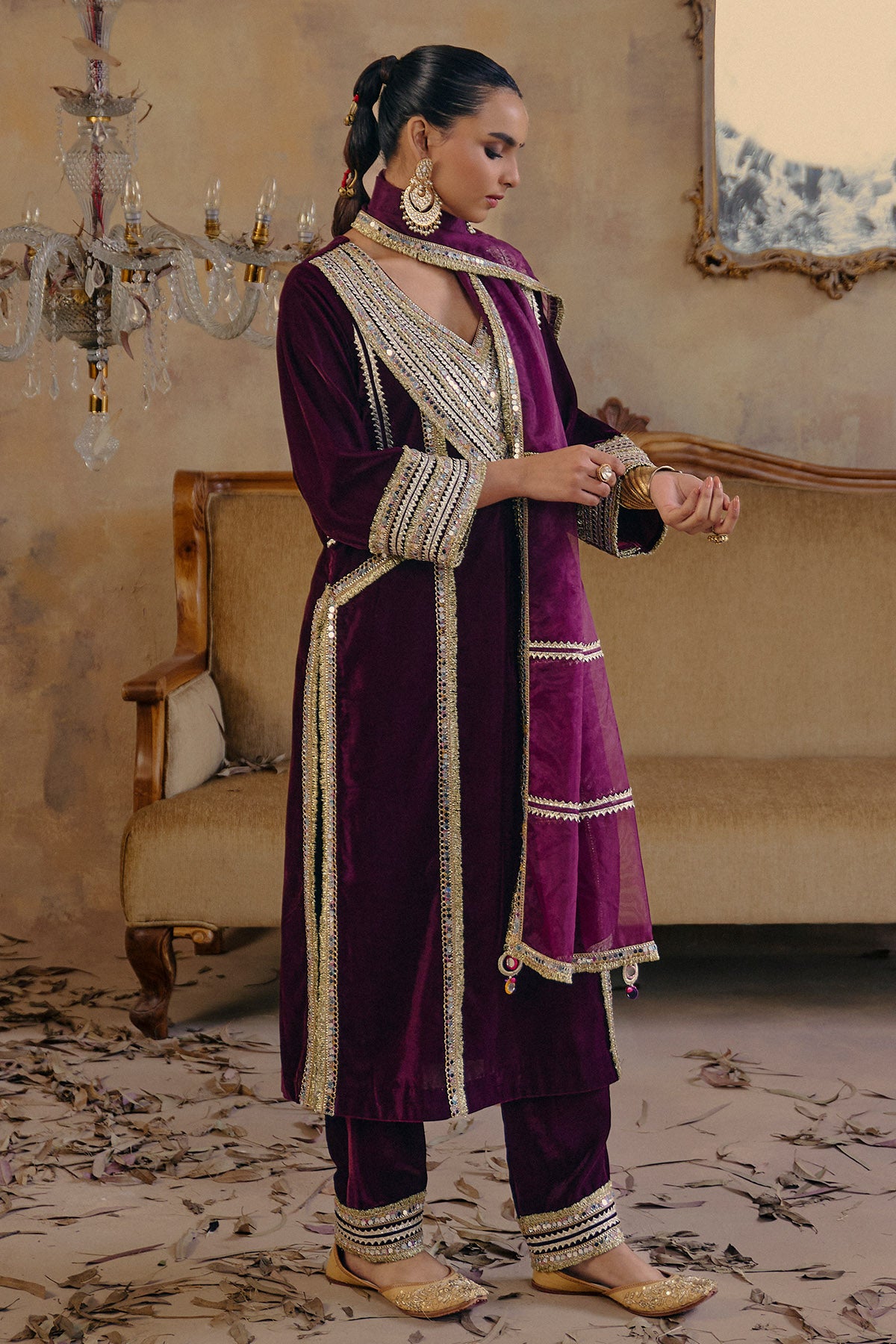 Wine Velvet Gota Work Kurta Set