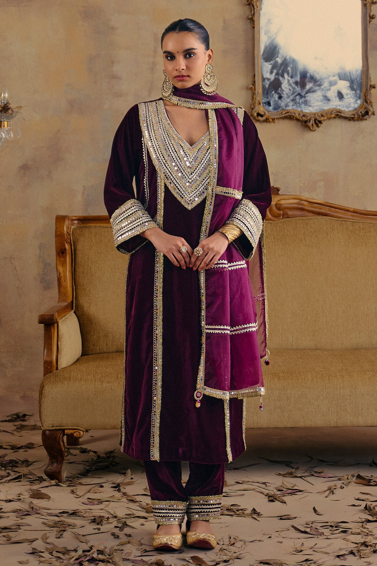 Buy Wine Velvet Gota Work Kurta Set for women by Ajiesh Oberoi online available at scrollnshops