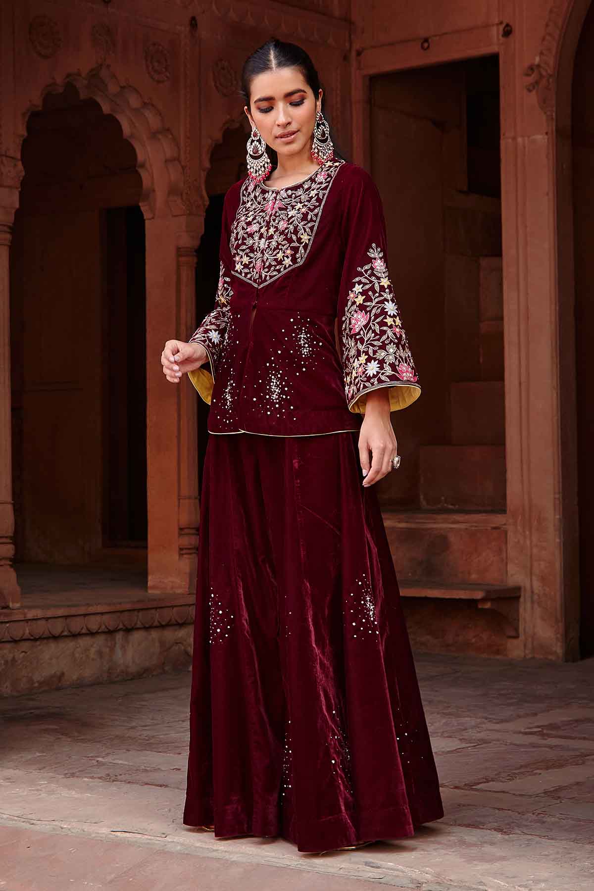 Wine Velvet Jacket & Sharara