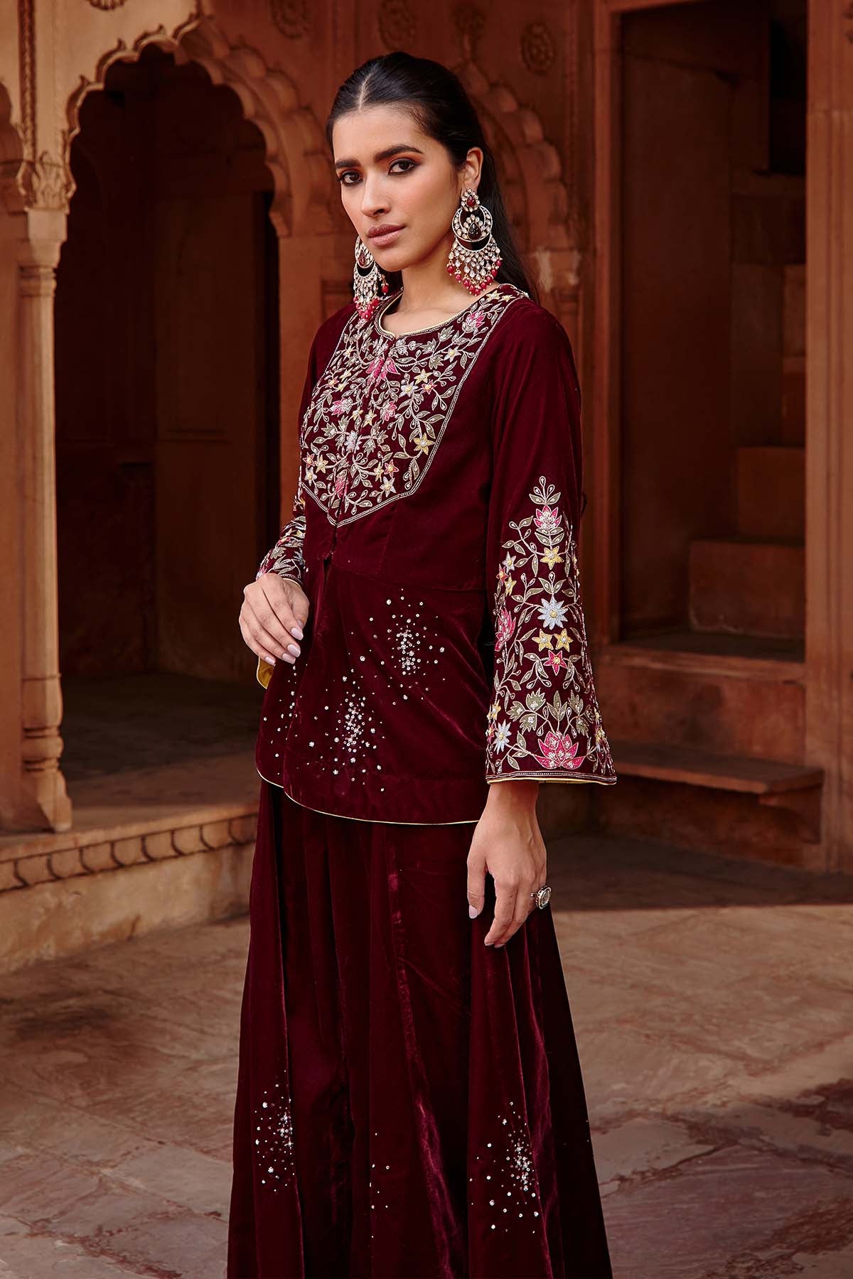 Wine Velvet Jacket & Sharara