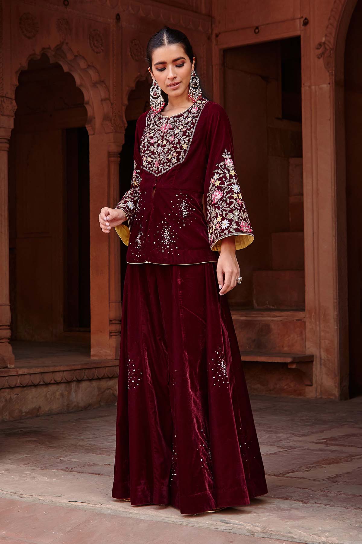 Buy Wine Velvet Jacket & Sharara by Ajiesh Oberoi for women online at ScrollnShops