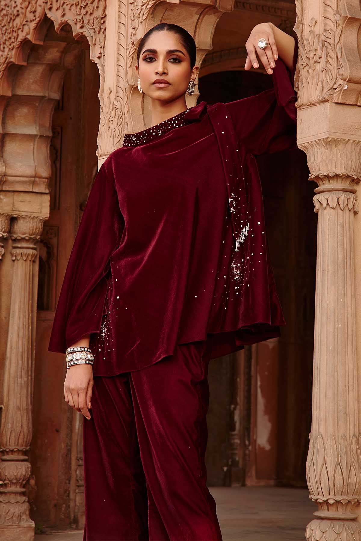 Wine Velvet Knotted Top & Pants