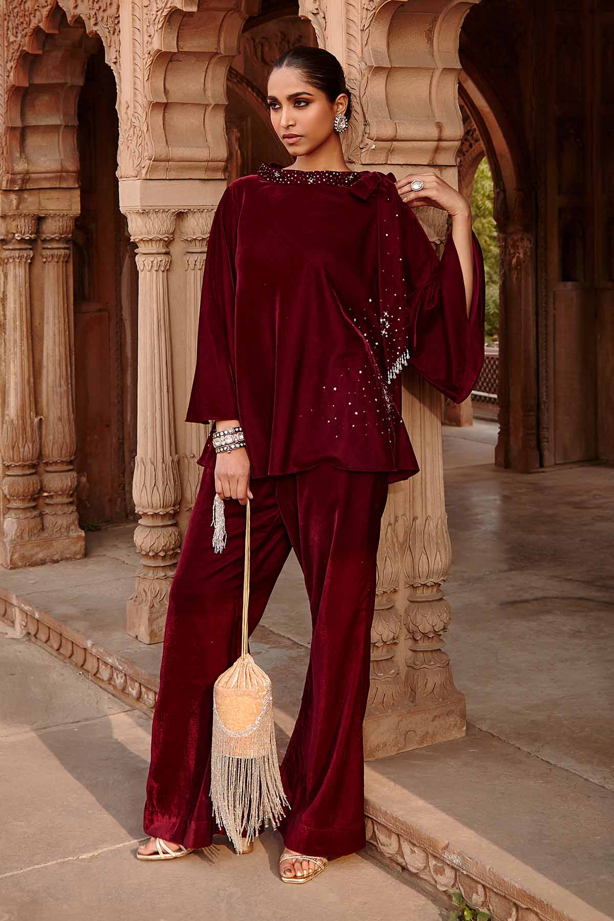 Buy Wine Velvet Knotted Top & Pants by Ajiesh Oberoi for women online at ScrollnShops