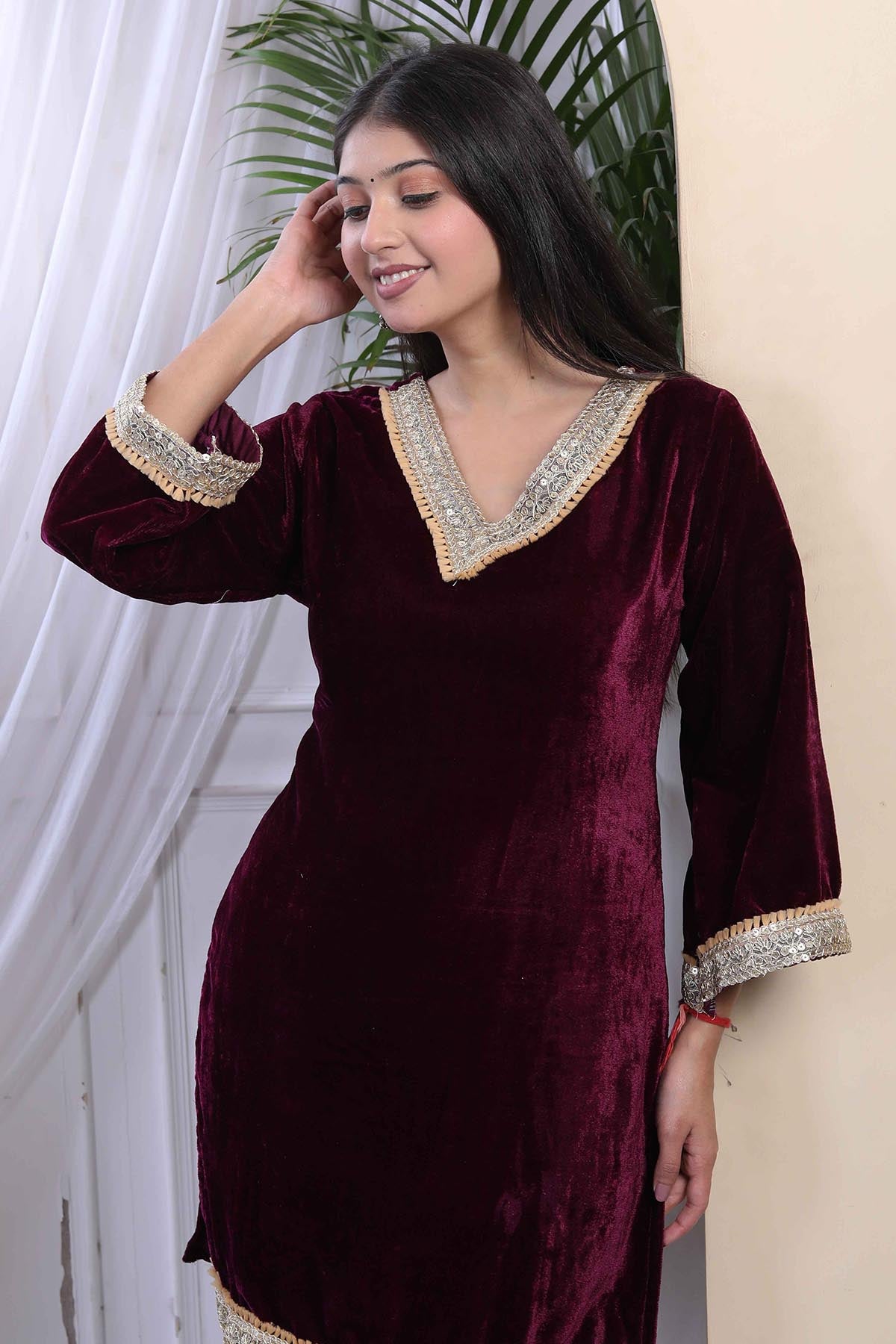 Wine Velvet Kurta & Palazzo