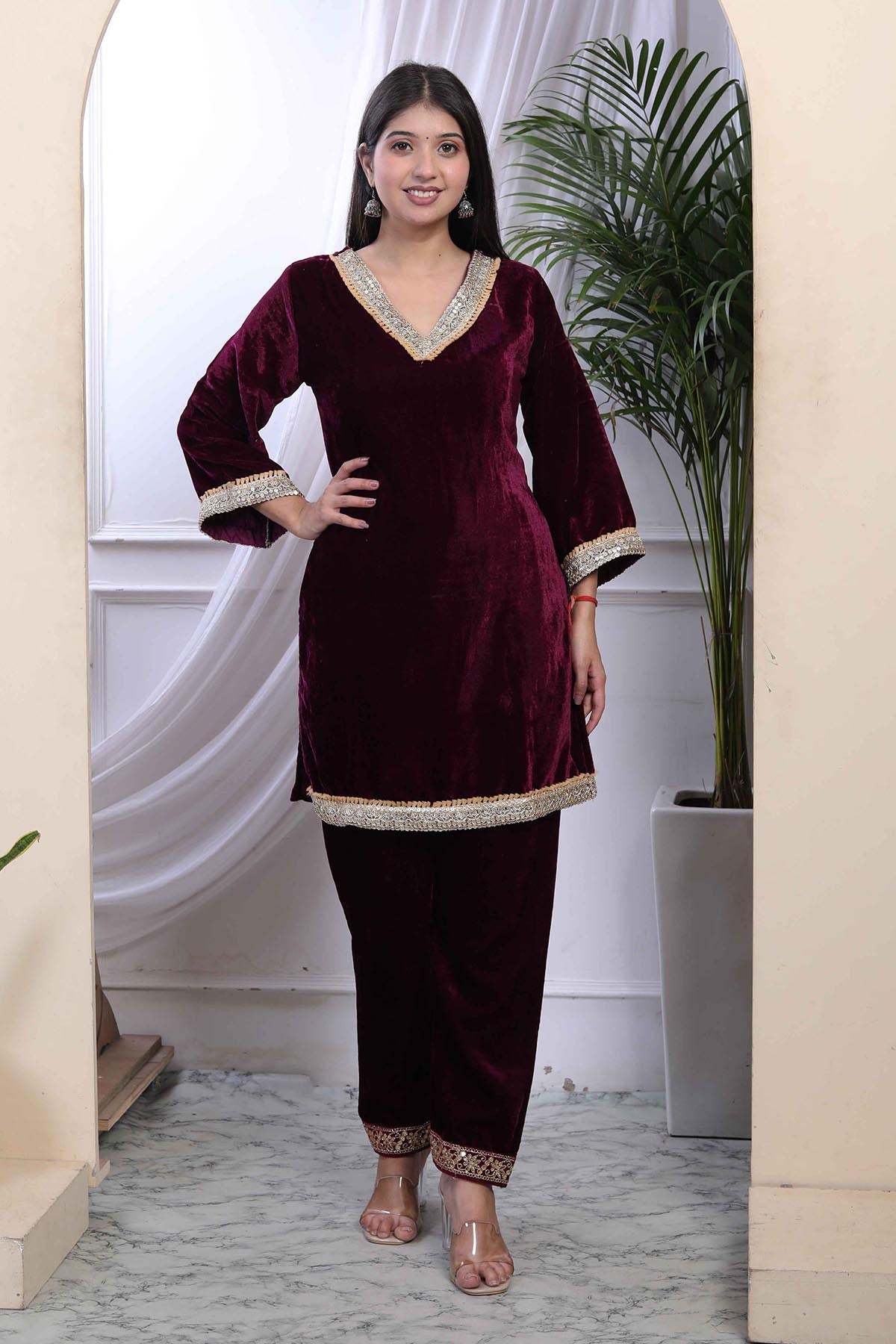 Buy Wine Velvet Kurta & Palazzo by Miravan for women online at ScrollnShops