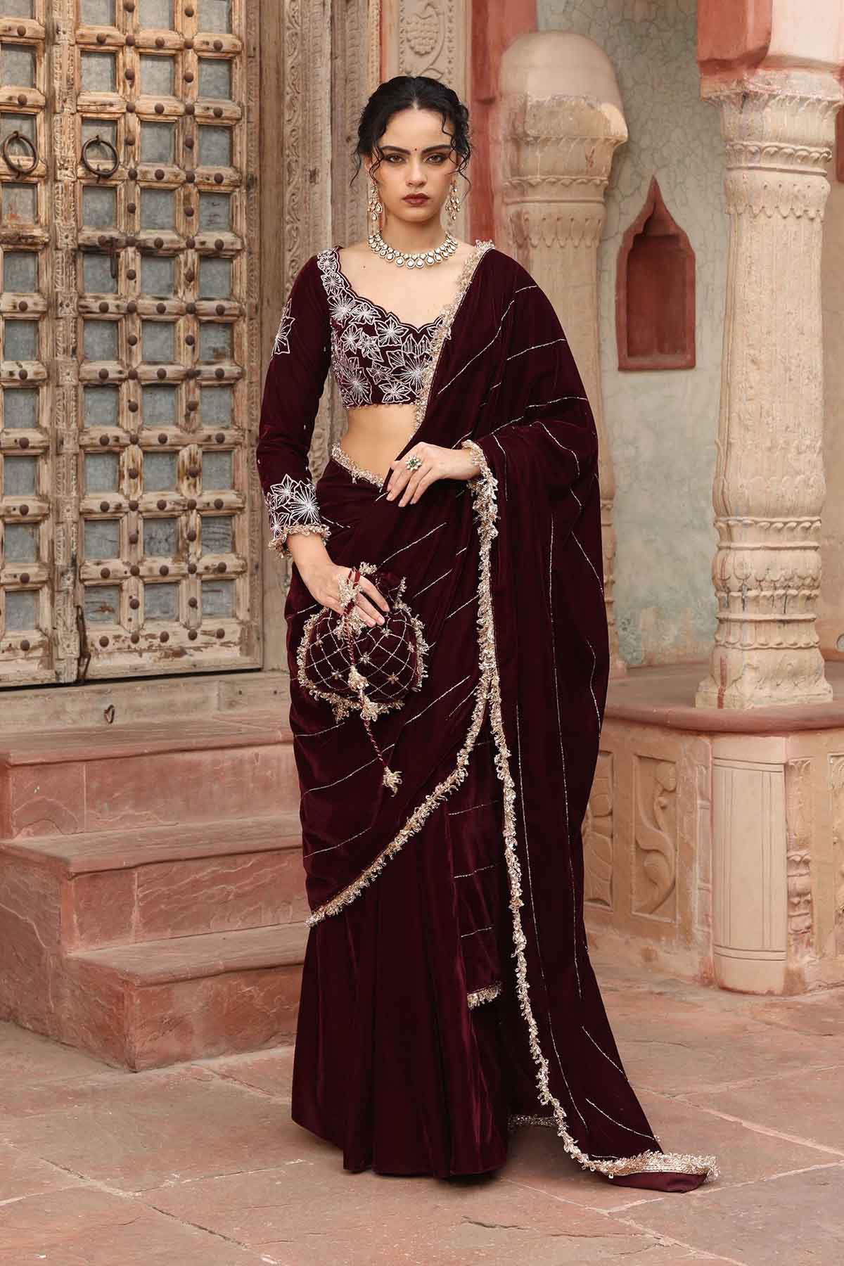 Buy Wine Velvet Pre-Draped Saree Online