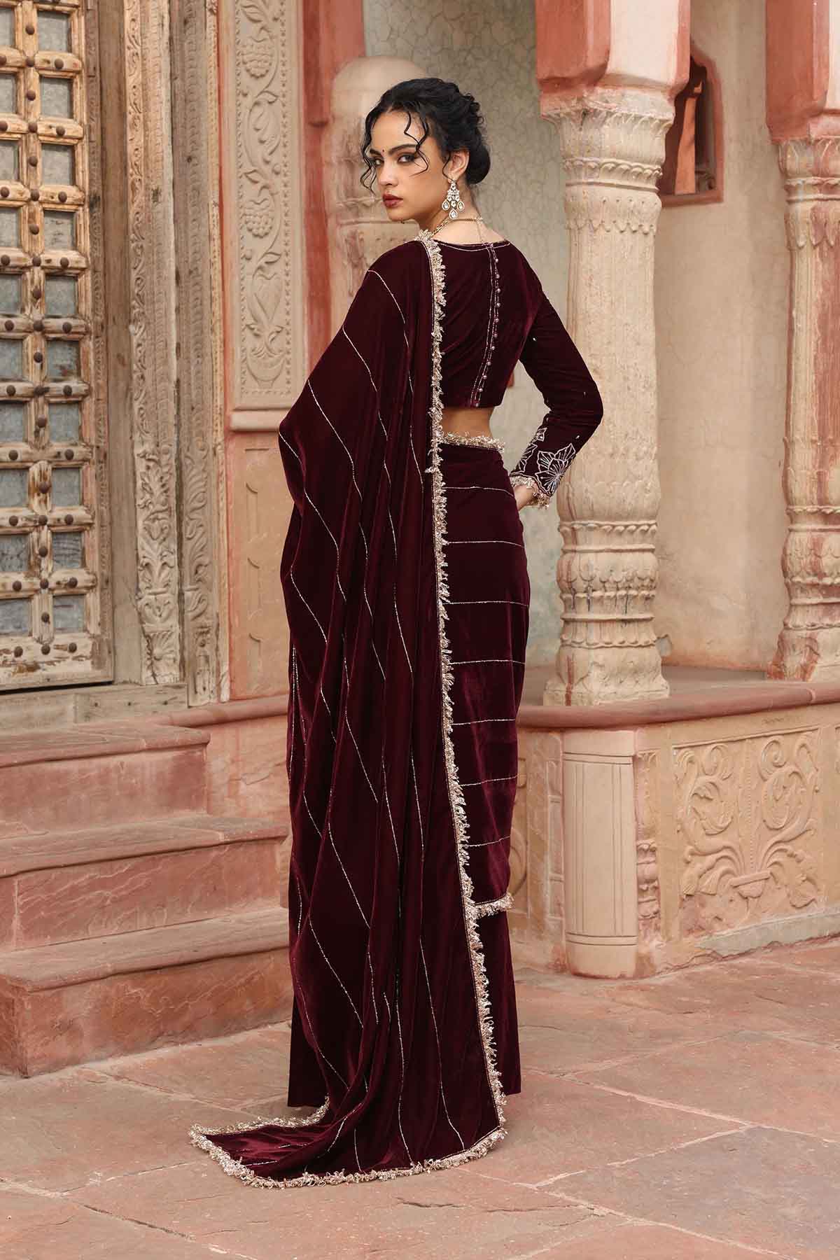 Wine Velvet Pre-Draped Saree