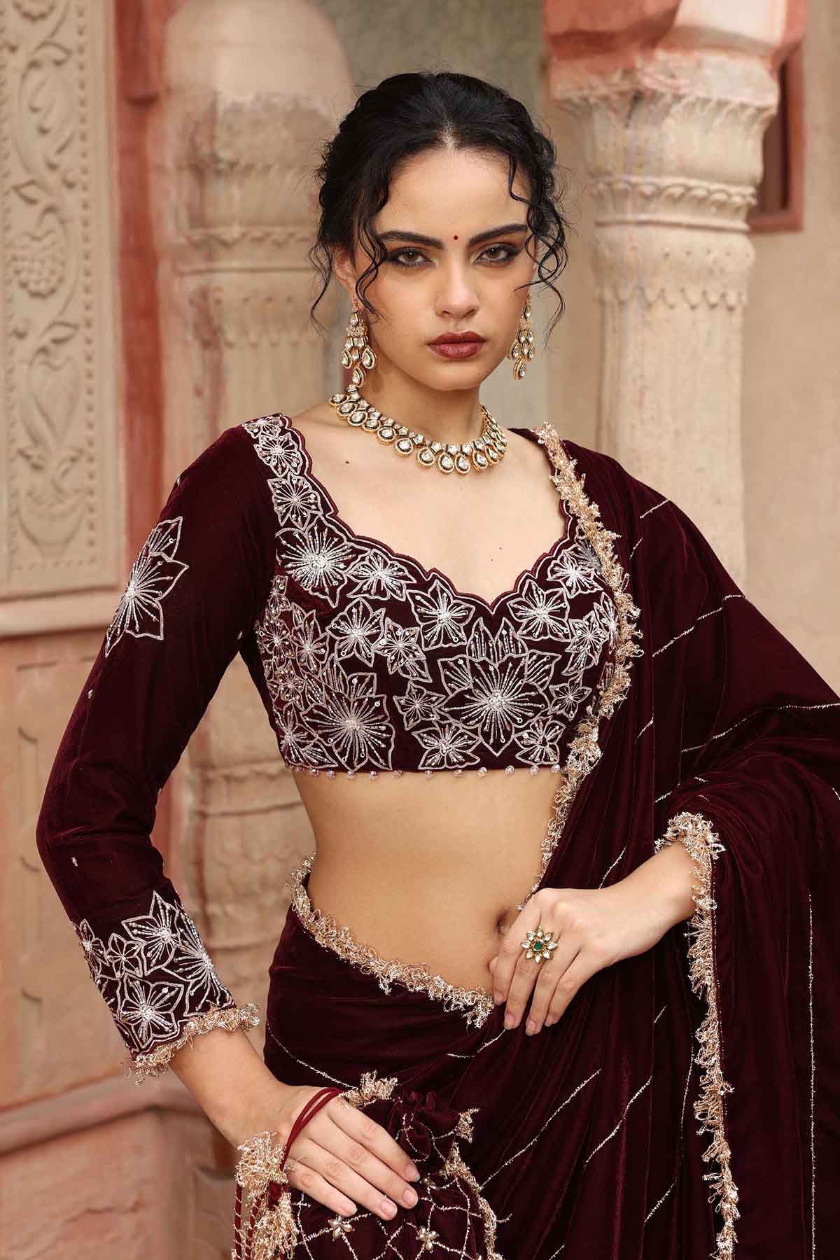 Wine Velvet Pre-Draped Saree