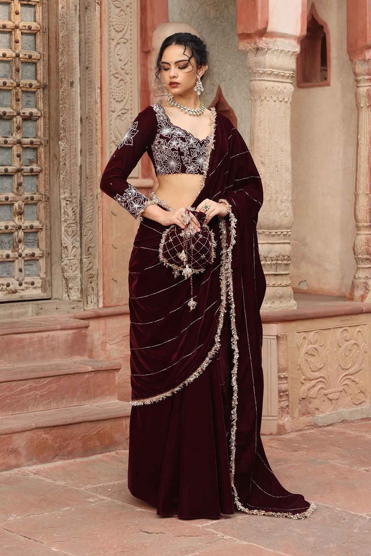 Buy Wine Velvet Pre-Draped Saree by Ajiesh Oberoi for women online at ScrollnShops