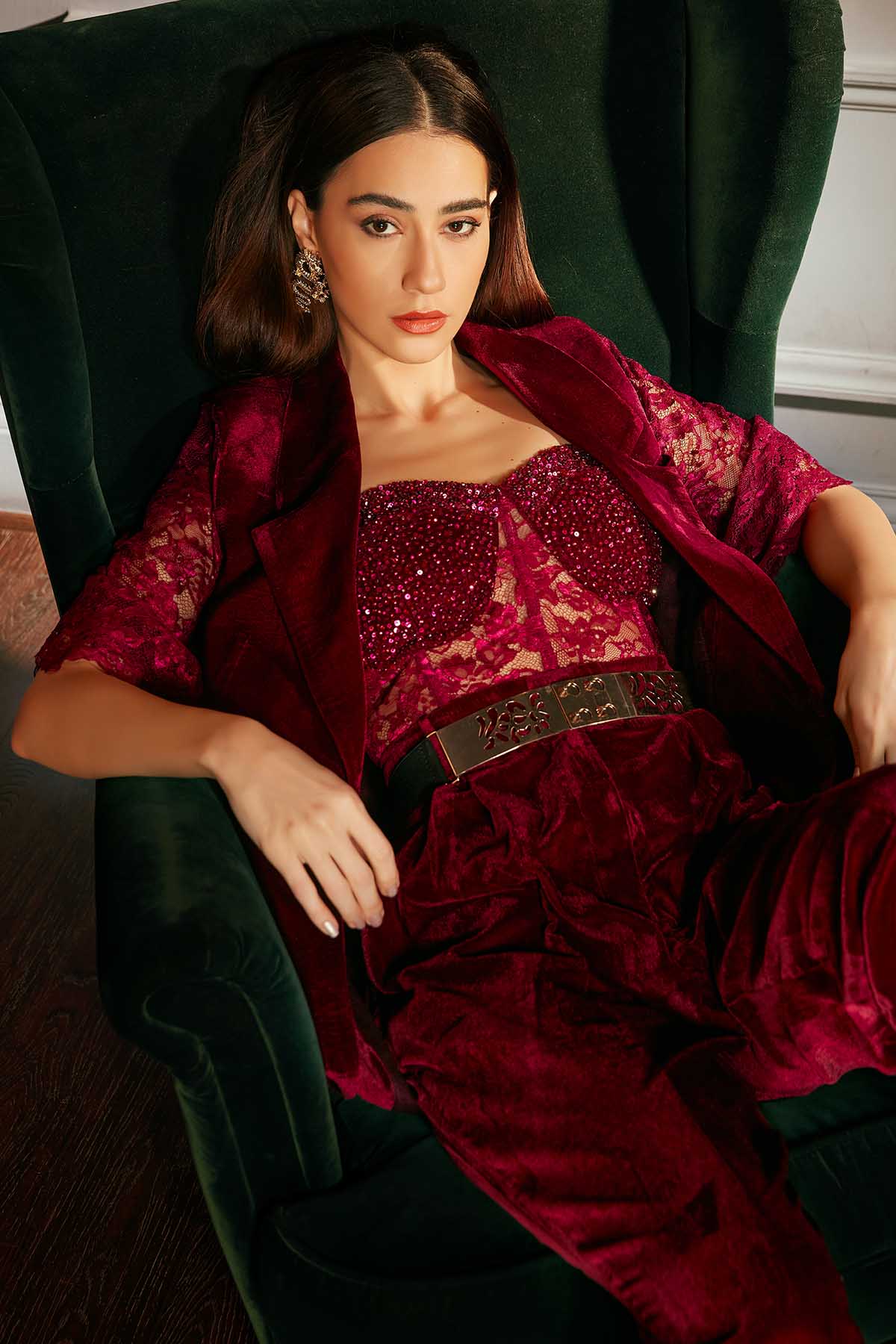 Wine Velvet Sequins Co-ord Set