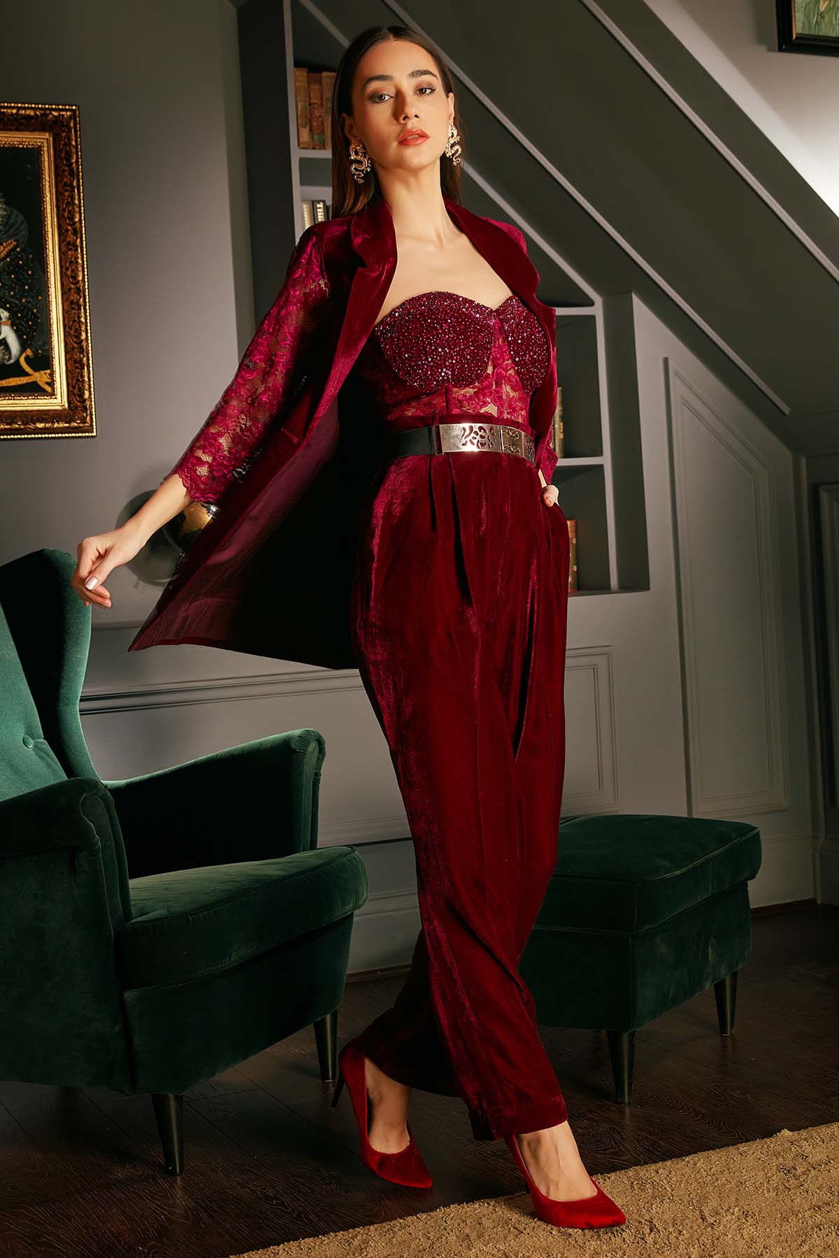 Wine Velvet Sequins Co-ord Set